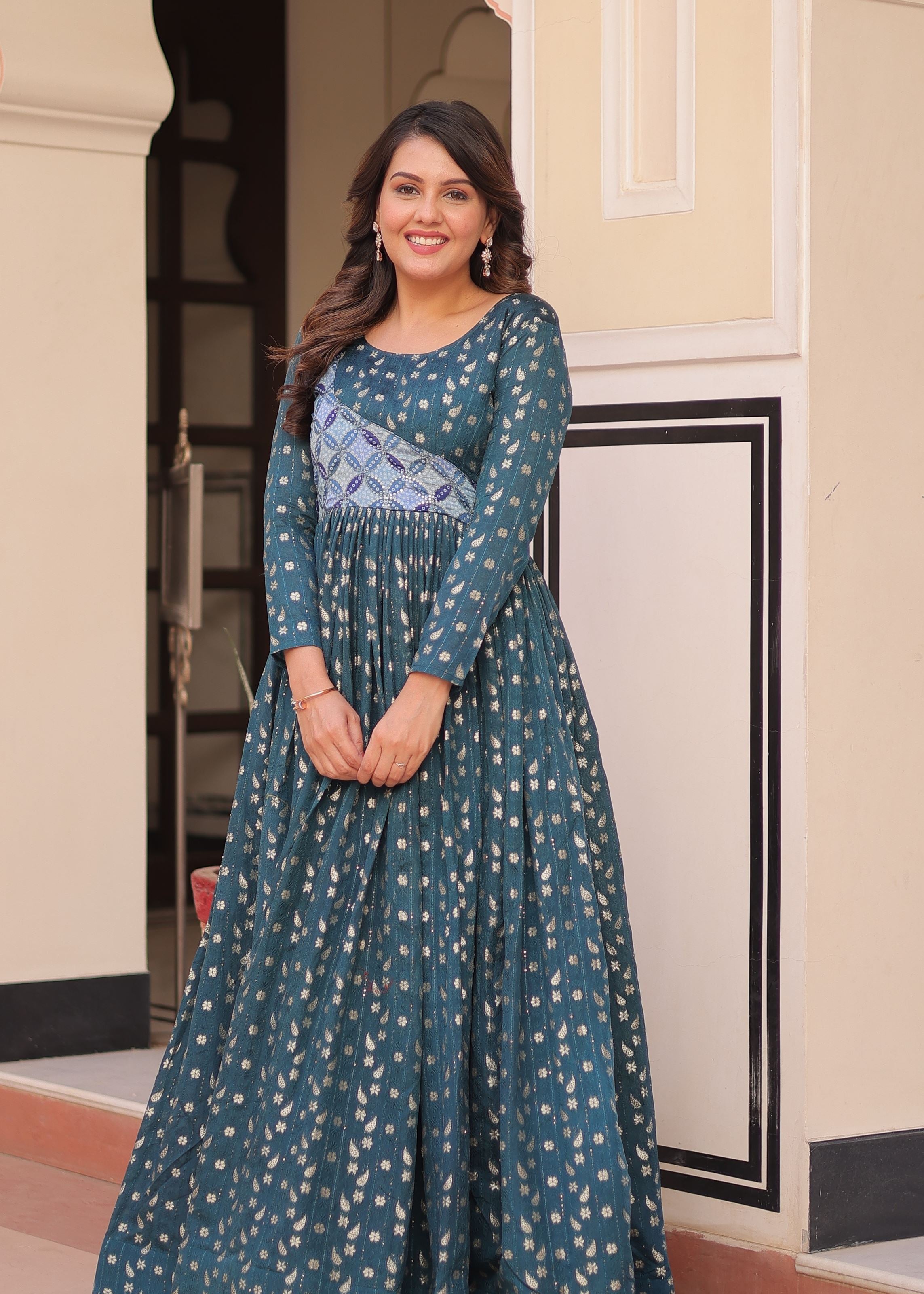 Rama Jacquard Gown With Position Print With Weaving Work