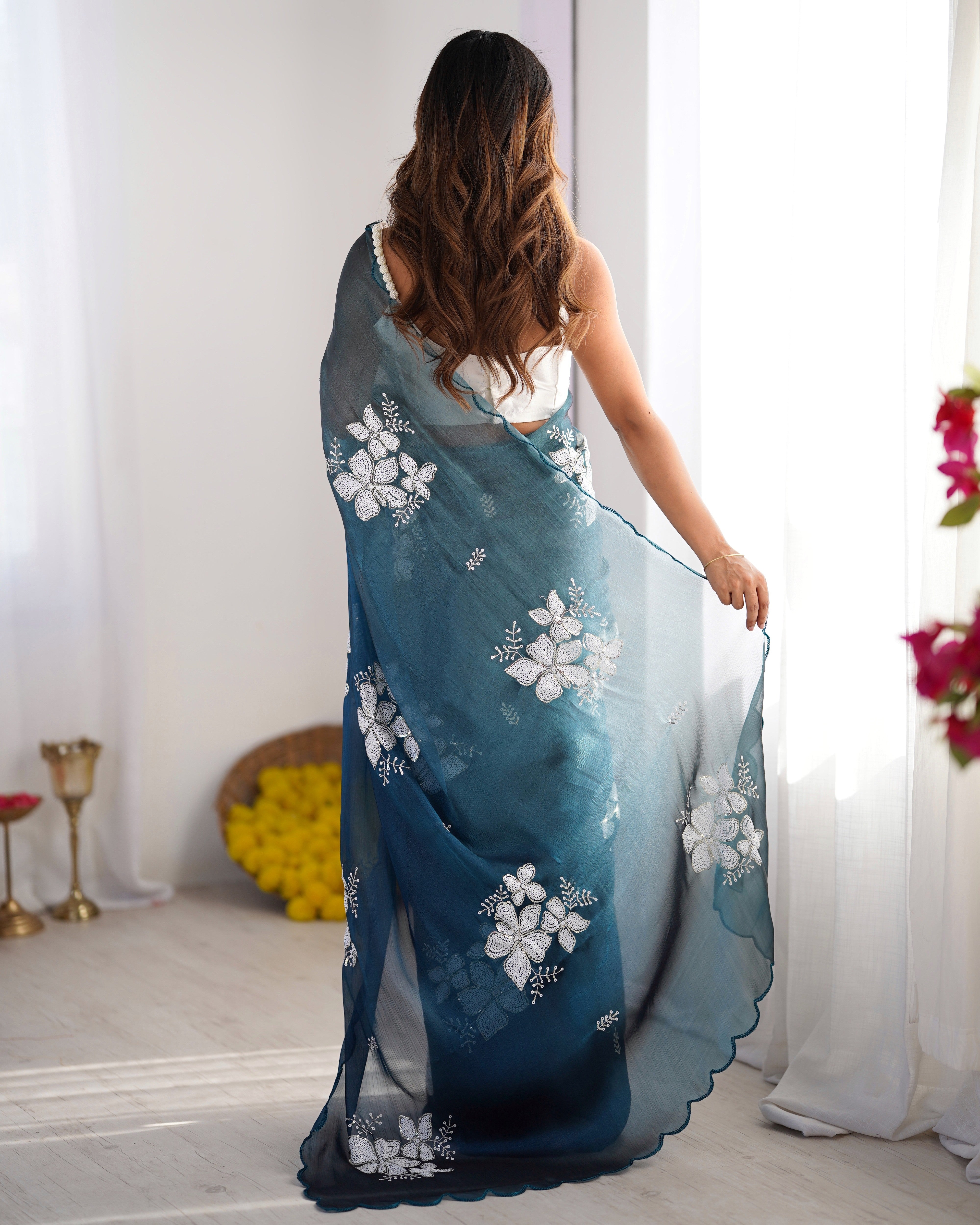 Rama Jimmy Choo Designer Dual Sequance Embroidery Work Beautiful Partywear Saree