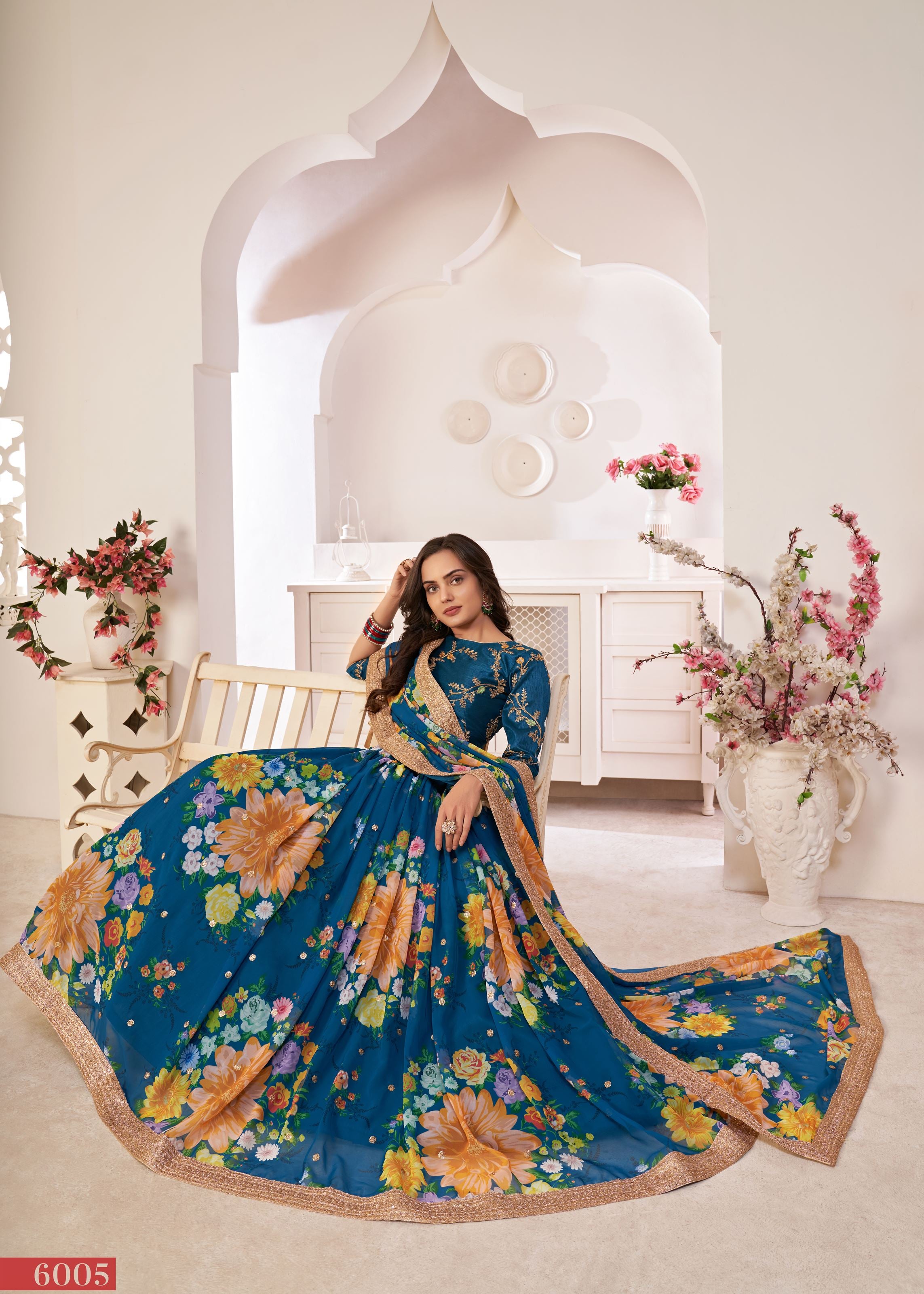 Rama Lehenga Choli With Digital Floral Print And Embroidered Work With Jari Sequins Dori Work