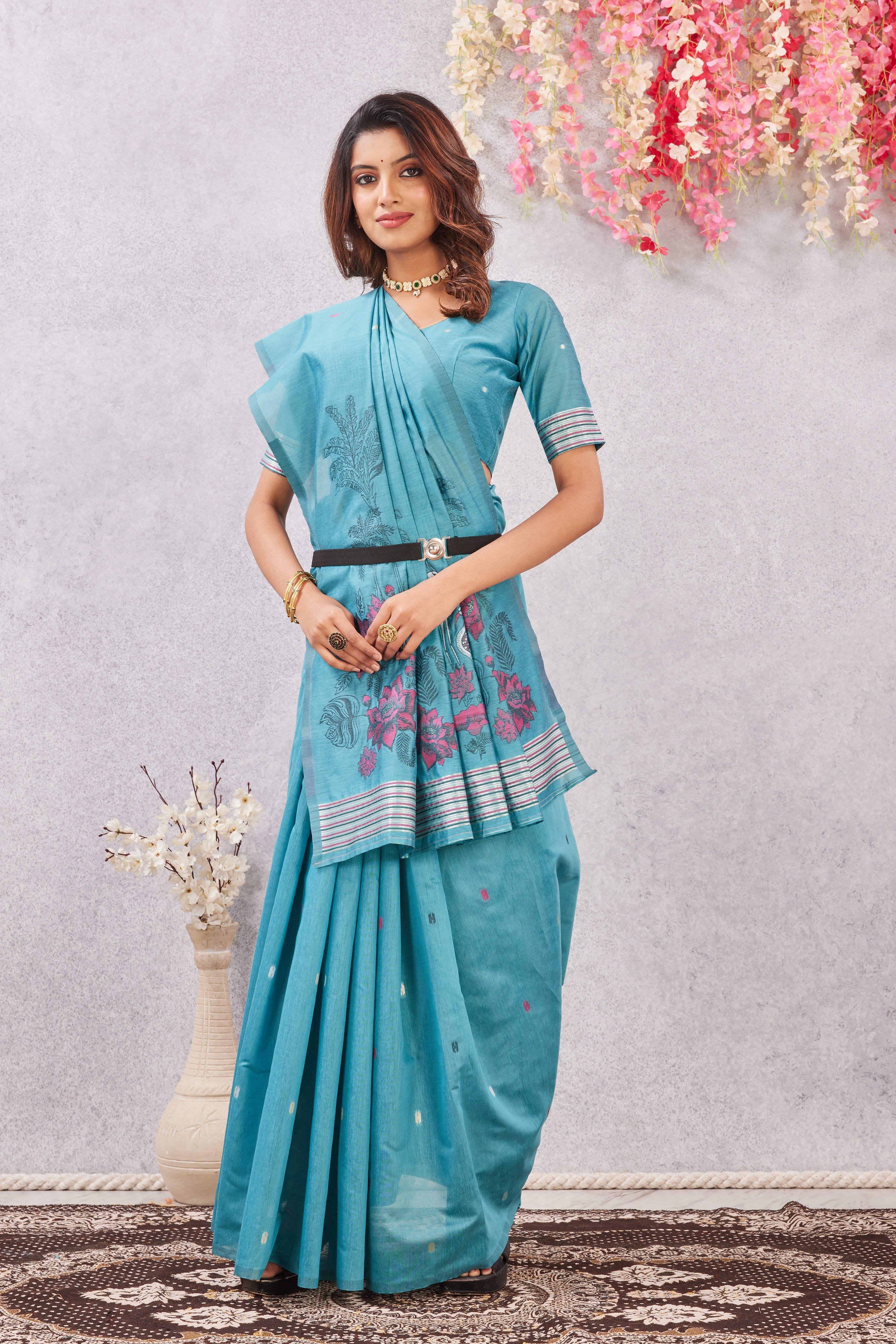 Rama Linen Cotton Saree with Ethnic Motif Design & Rich Jacquard Pallu