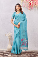 Rama Linen Cotton Saree with Ethnic Motif Design & Rich Jacquard Pallu