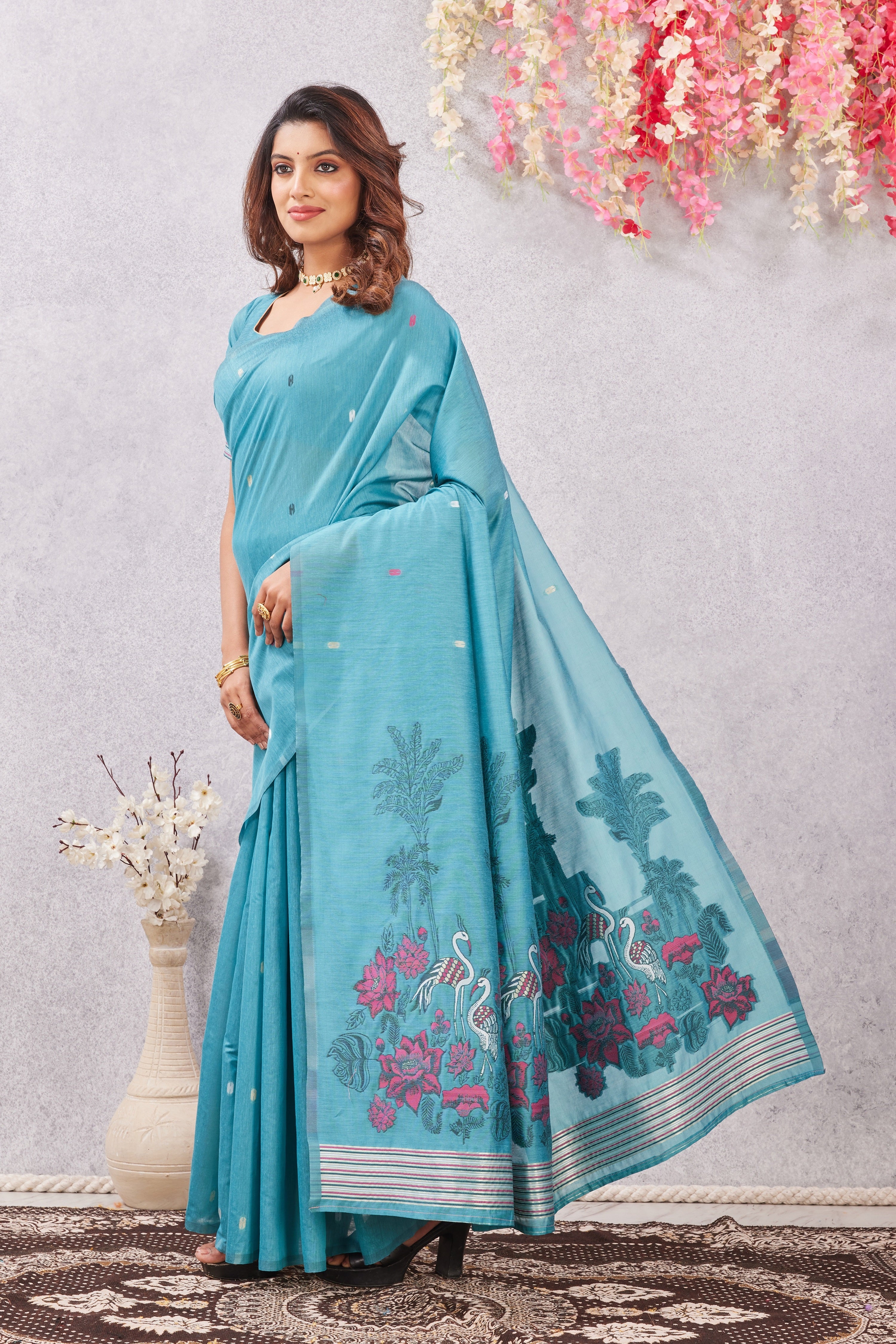 Rama Linen Cotton Saree with Ethnic Motif Design & Rich Jacquard Pallu