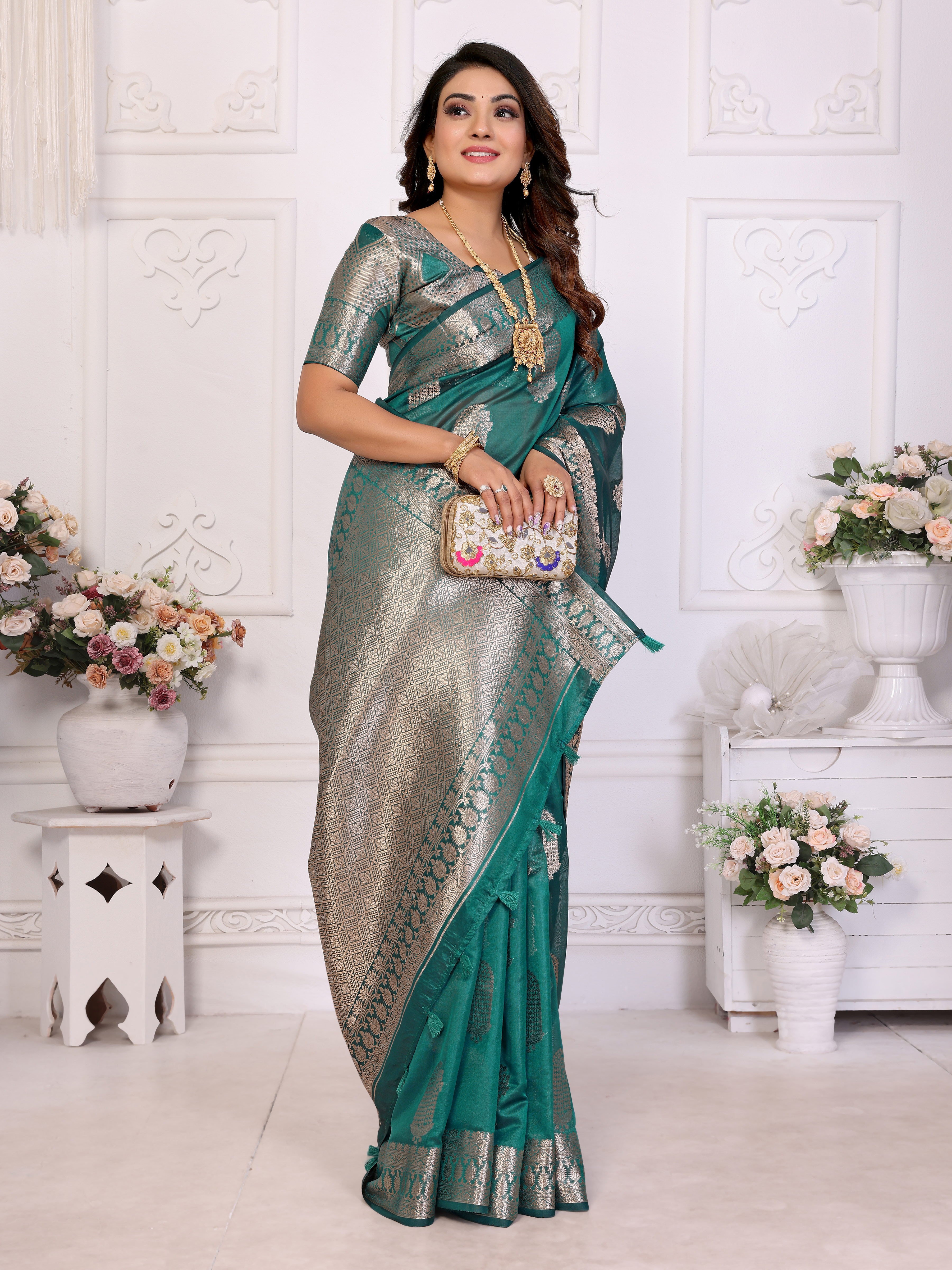 Rama Organza Gold Zari Designer Beautiful Festive Saree