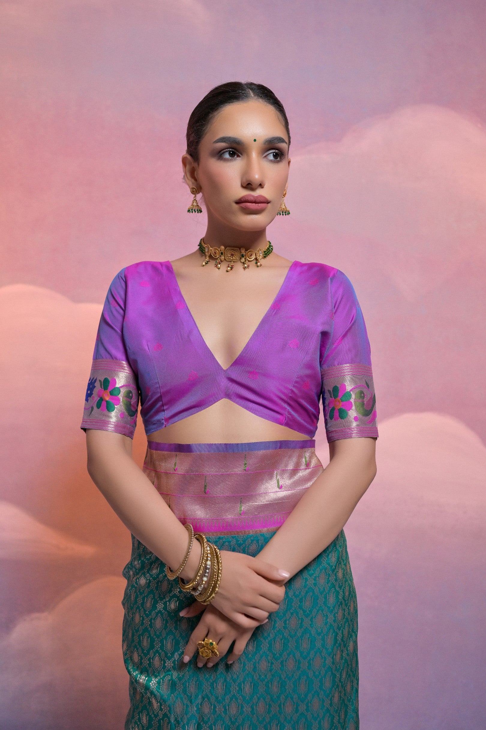 Rama Paithani Silk Saree with Meenakari Border and Zari Weaves