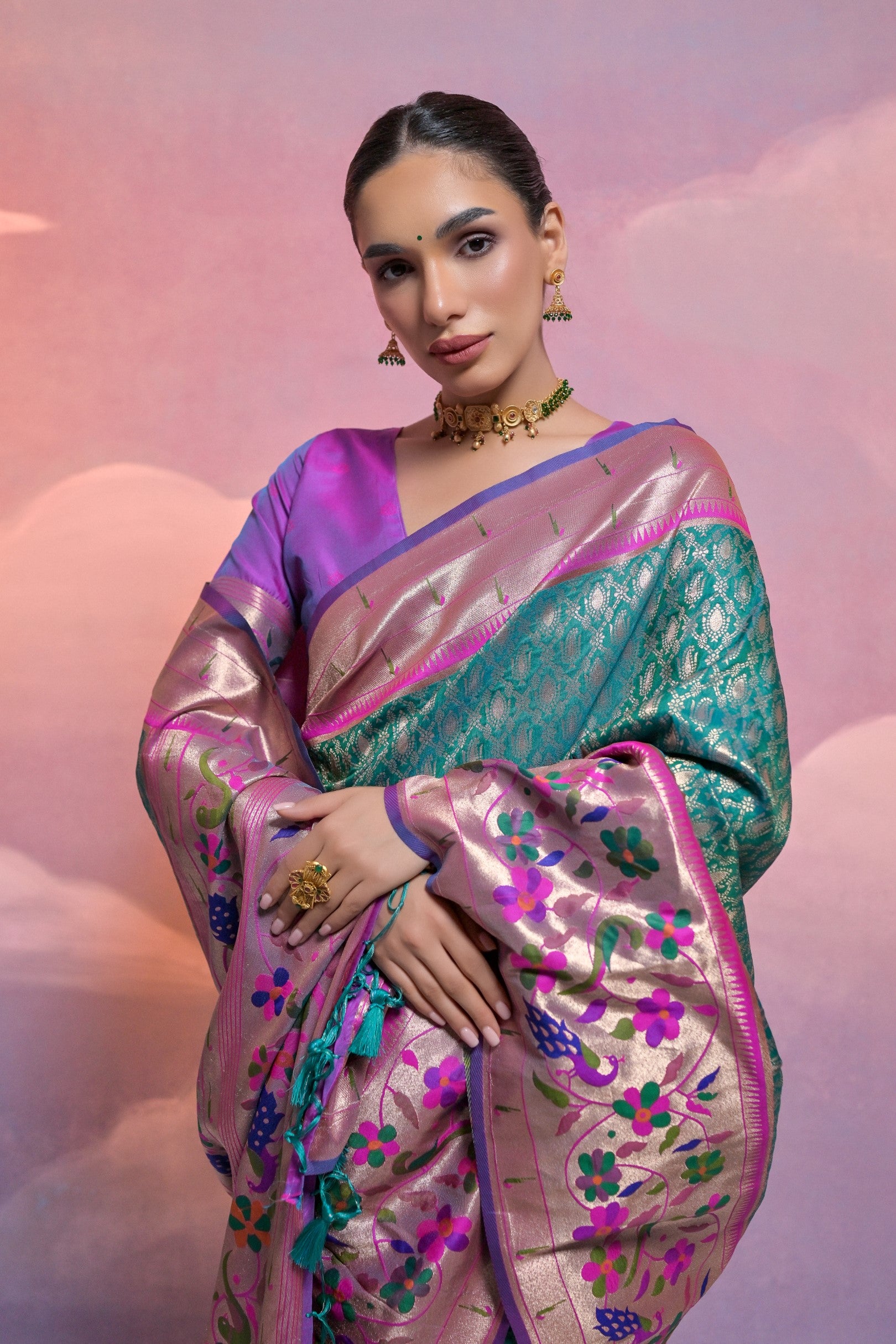 Rama Paithani Silk Saree with Meenakari Border and Zari Weaves