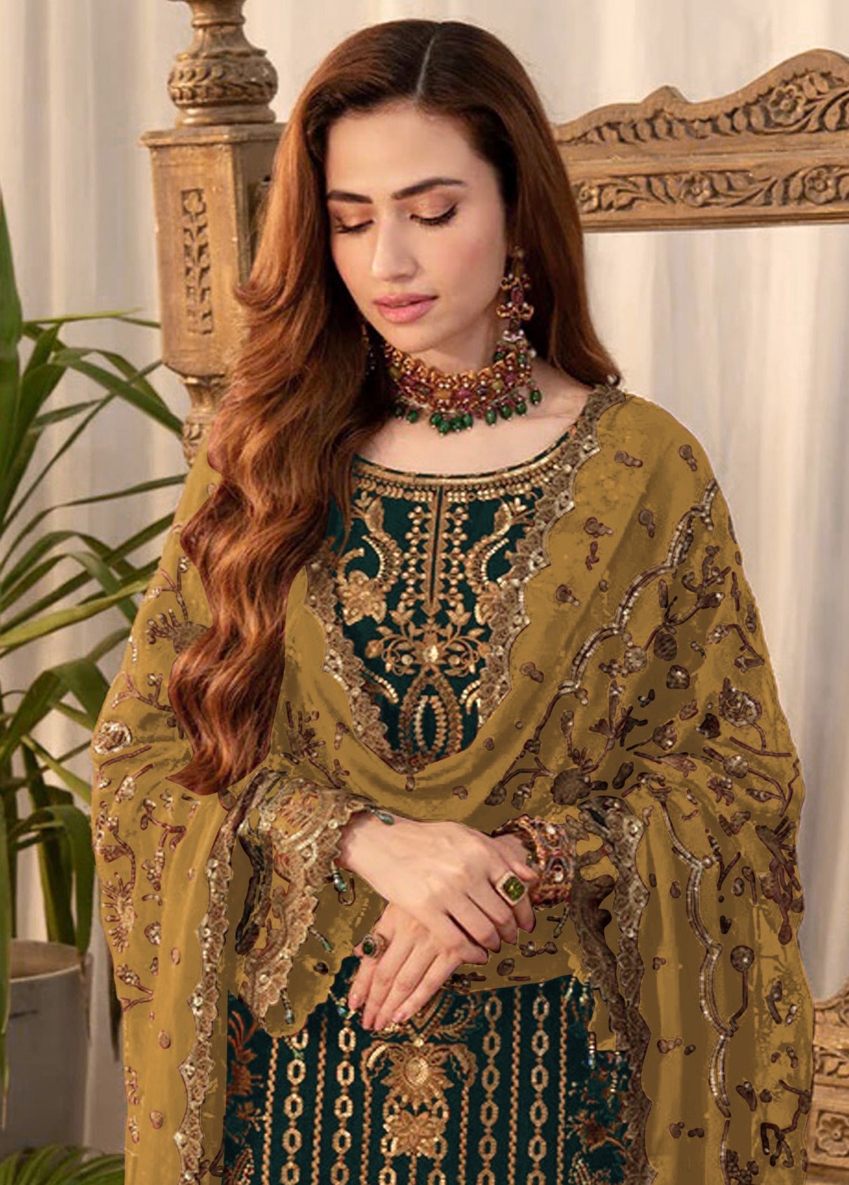 Rama Pakistani Salwar Suit With Heavy Embroidery Work