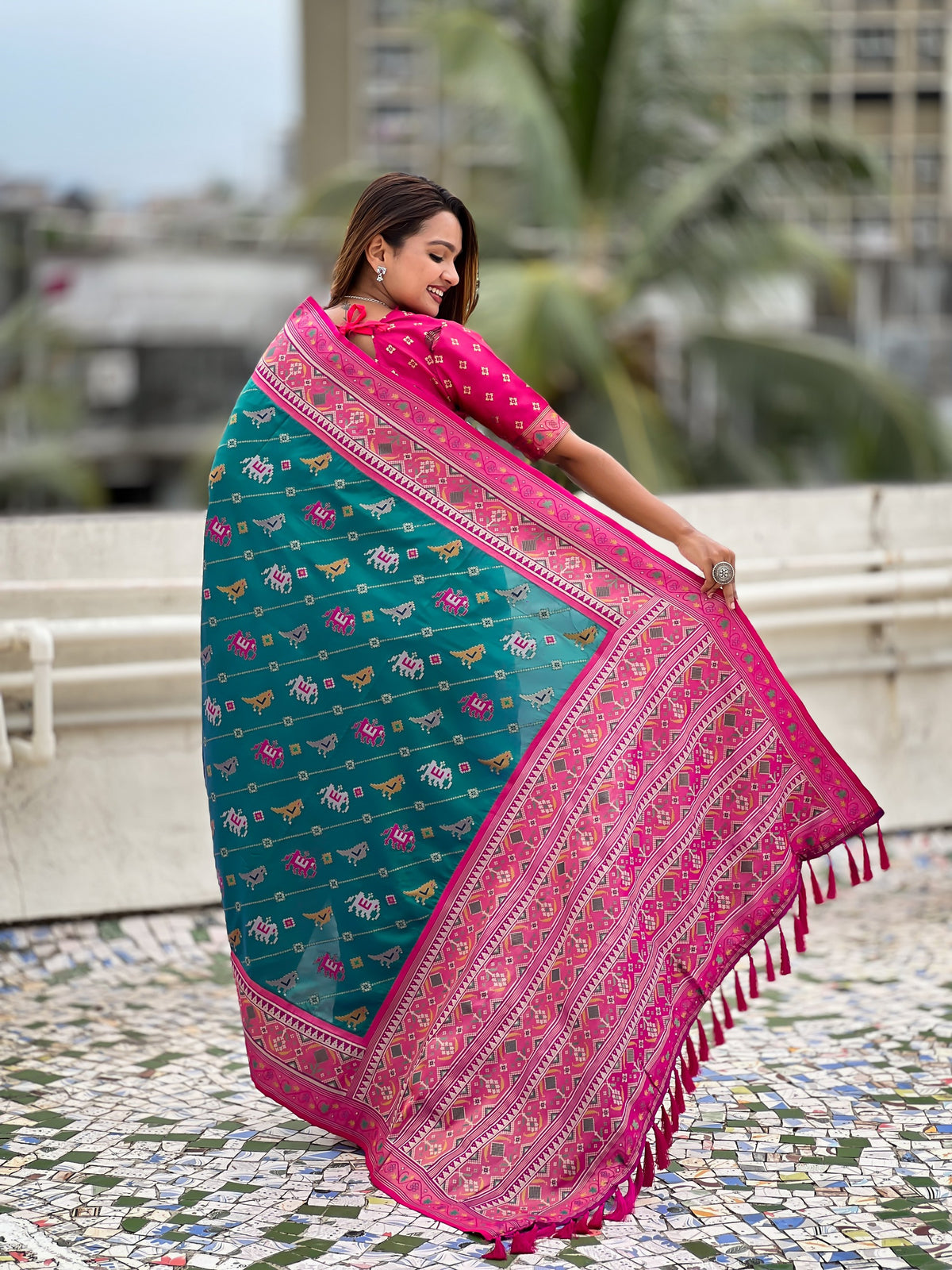 Rama Patola Silk Saree With Woven Meenakari Ikkat Designer For Festive Looks