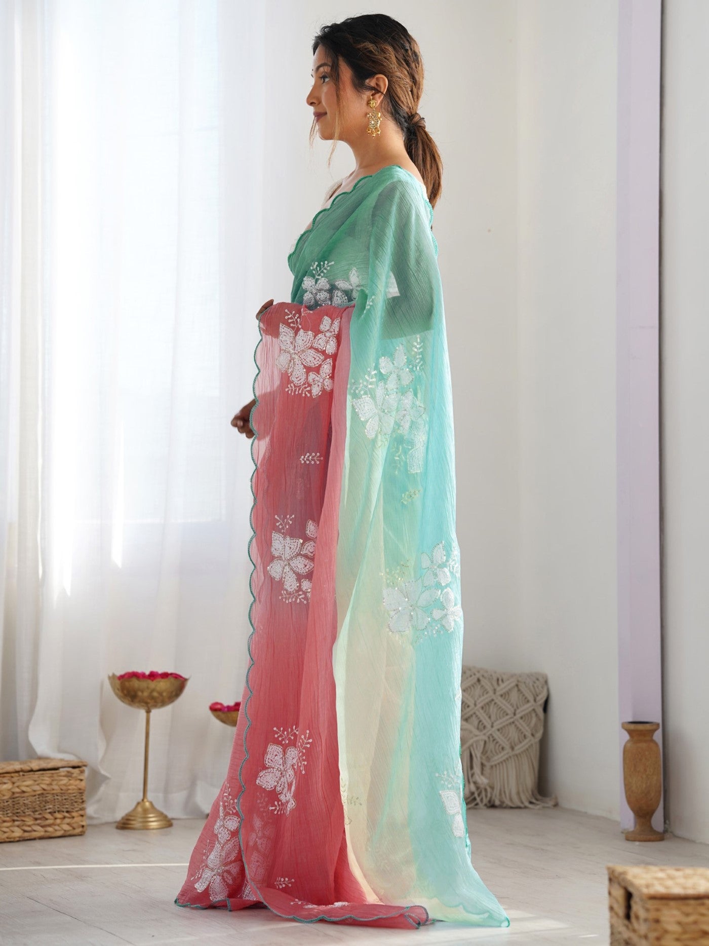 Rama Peach Gold Crush Saree With Embroidery Work