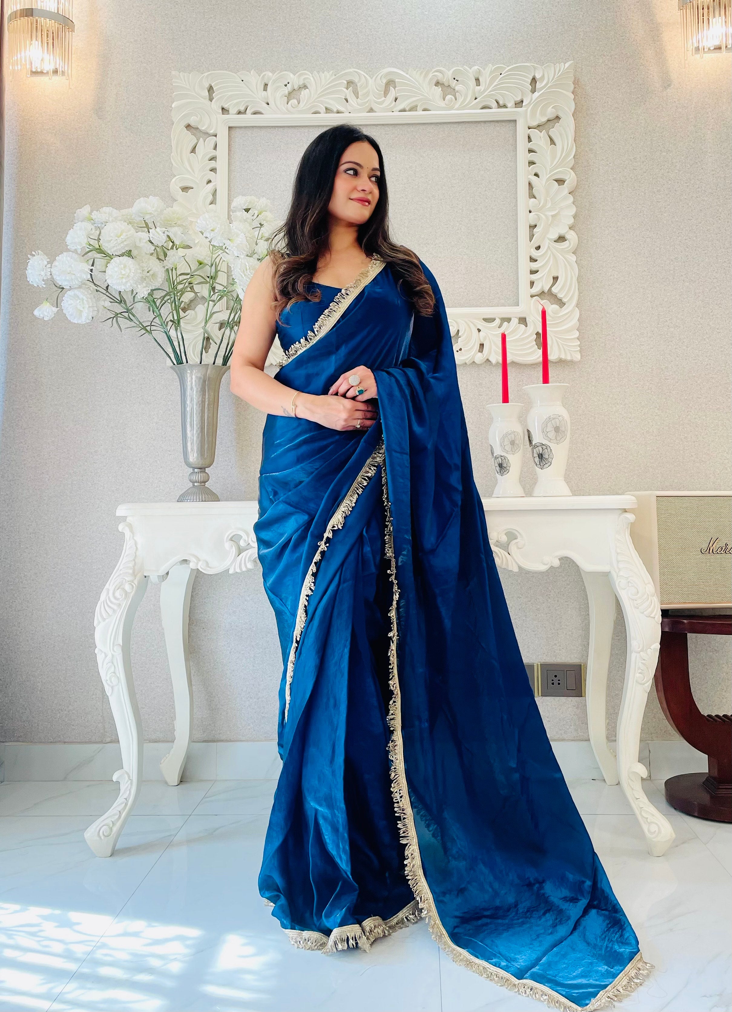 Rama Ready To Wear Fendy Satin Saree Designed With Lace Border