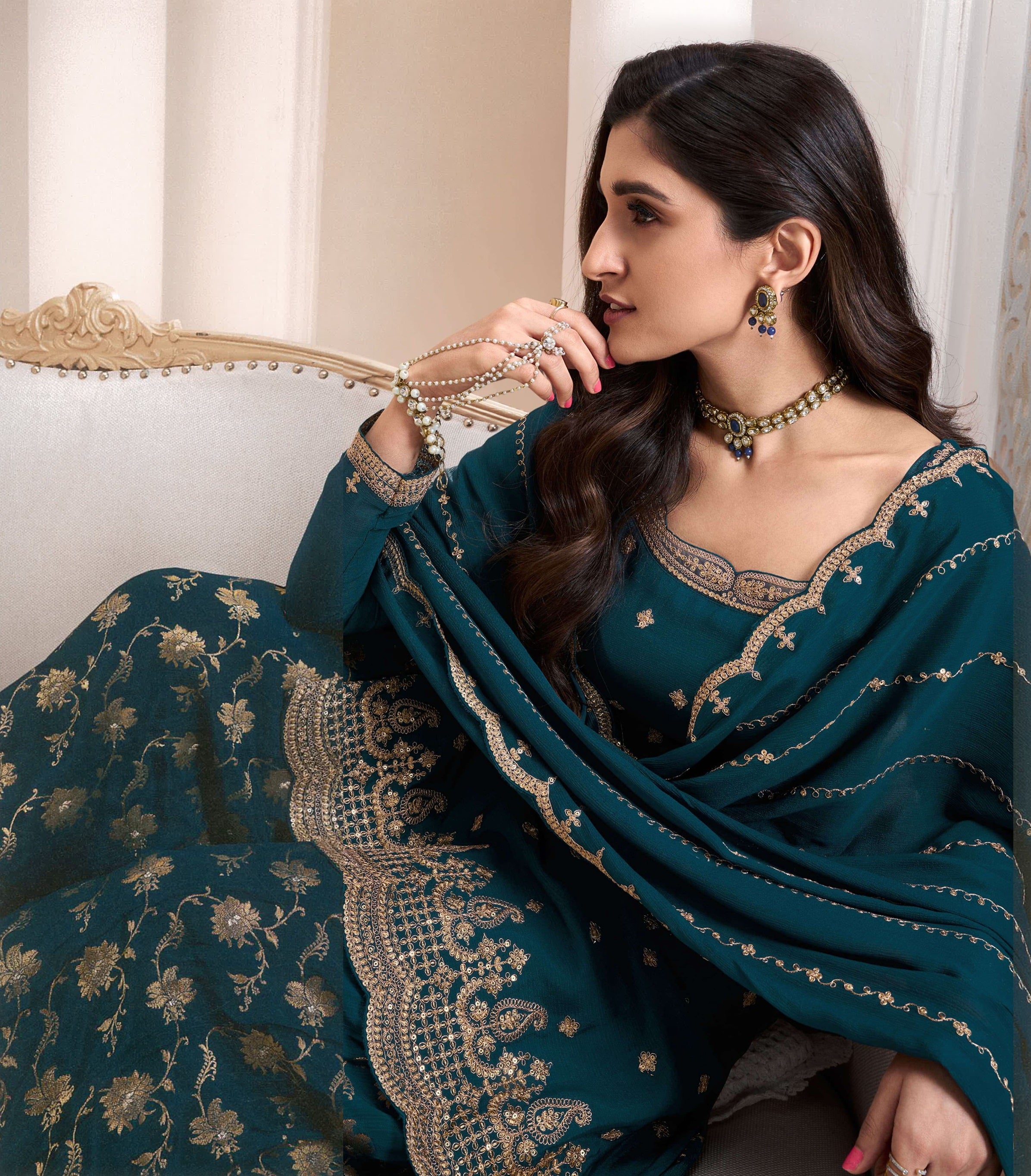 Rama  Sarara Style Salwar Suit With Heavy Embroidery Work