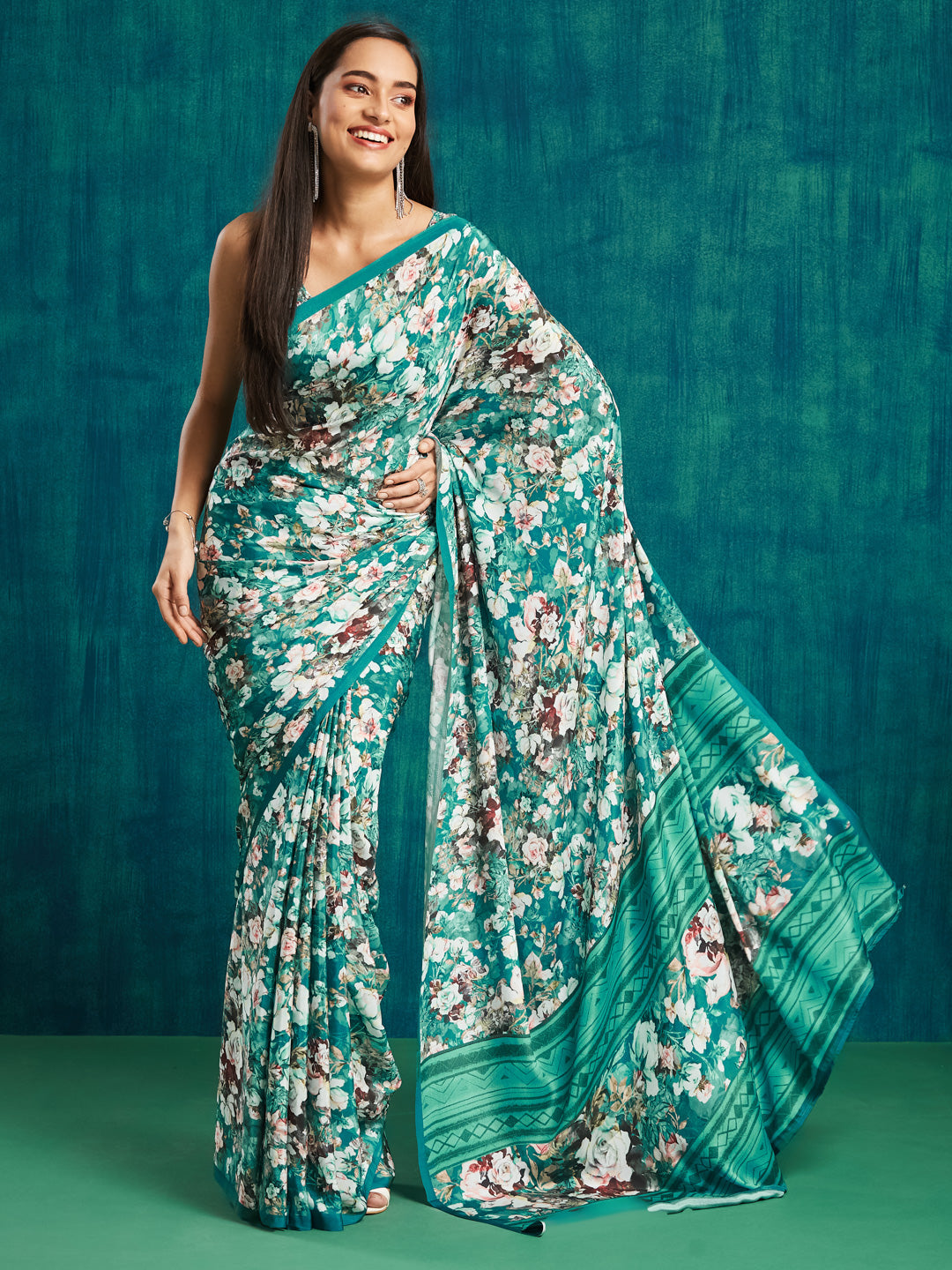 Rama Silk Crepe Designer Printed Ready To Wear Saree