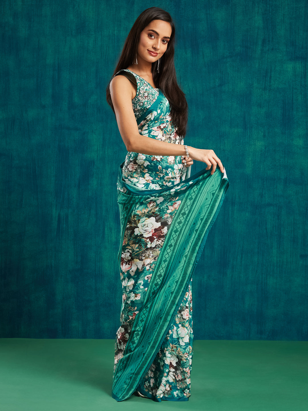 Rama Silk Crepe Designer Printed Ready To Wear Saree
