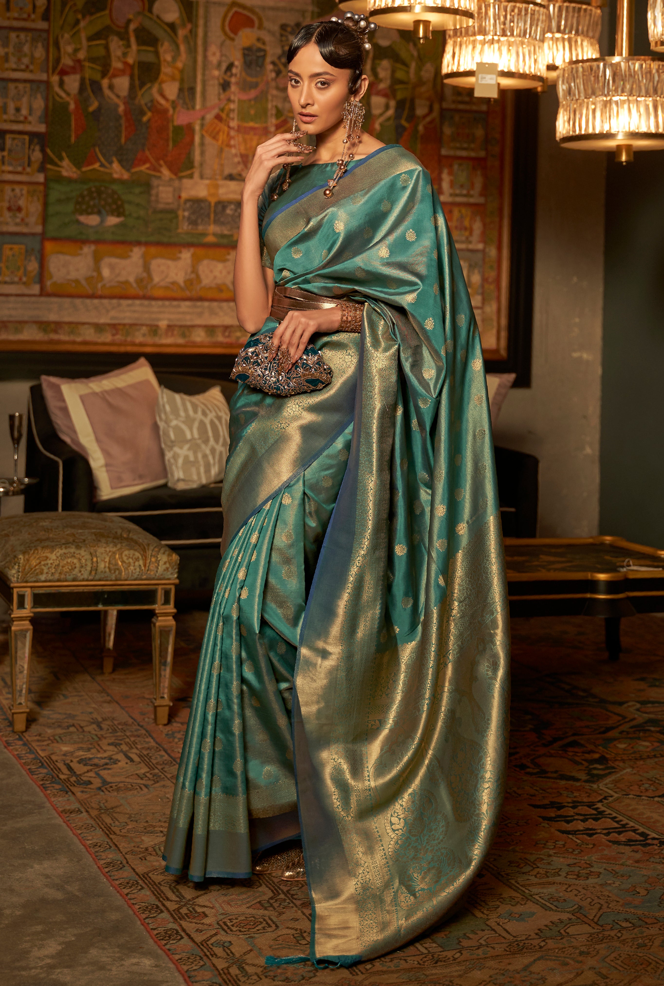 Rama Silk Saree with  Jacquard Woven Work