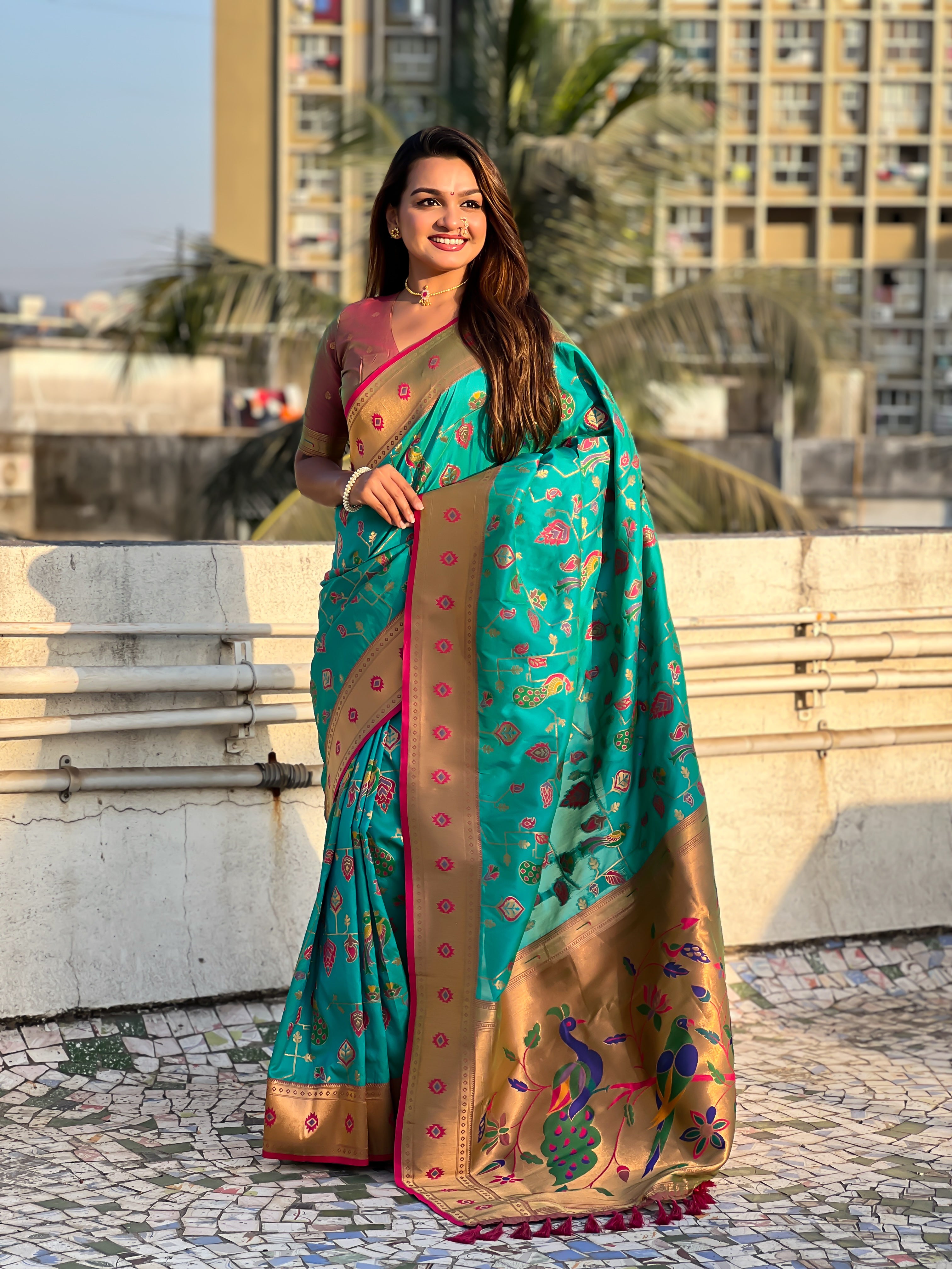 Rama Soft Silk Fabri Woven Paithani Meenakari Designer Ceremonial Saree