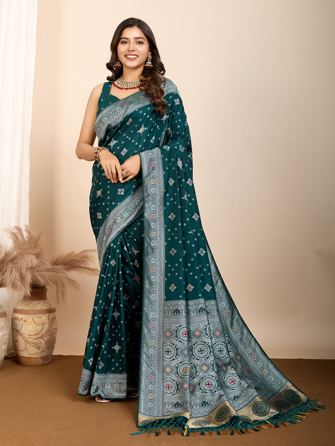 Rama Soft Silk Woven Meenakari Designer Ethnic Saree