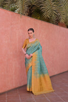 Rama Tussar Silk Saree with Ethnic Motifs and Contrast Pallu