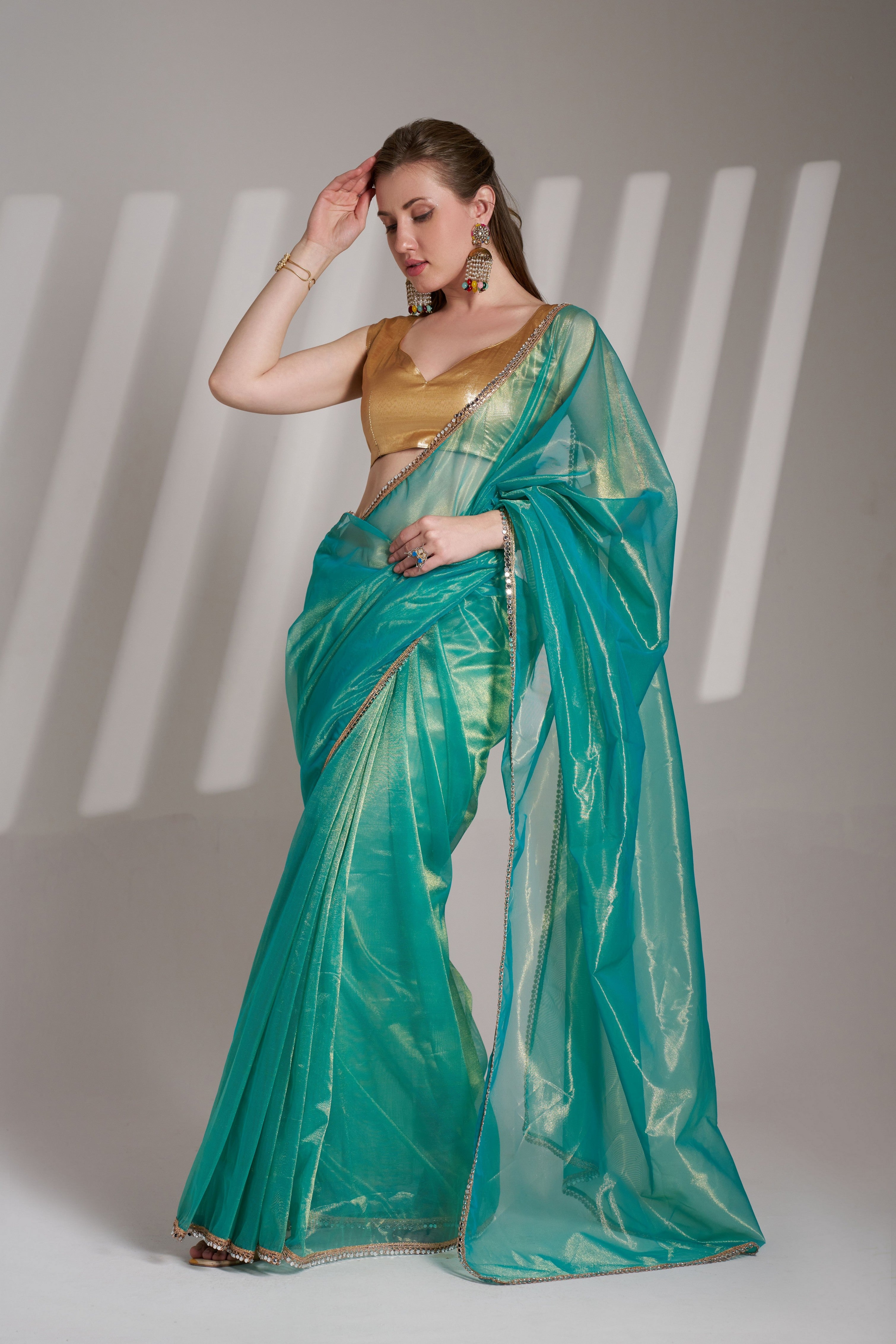 Rama Twill Net Solid Fancy Designer Bollywood Style Saree