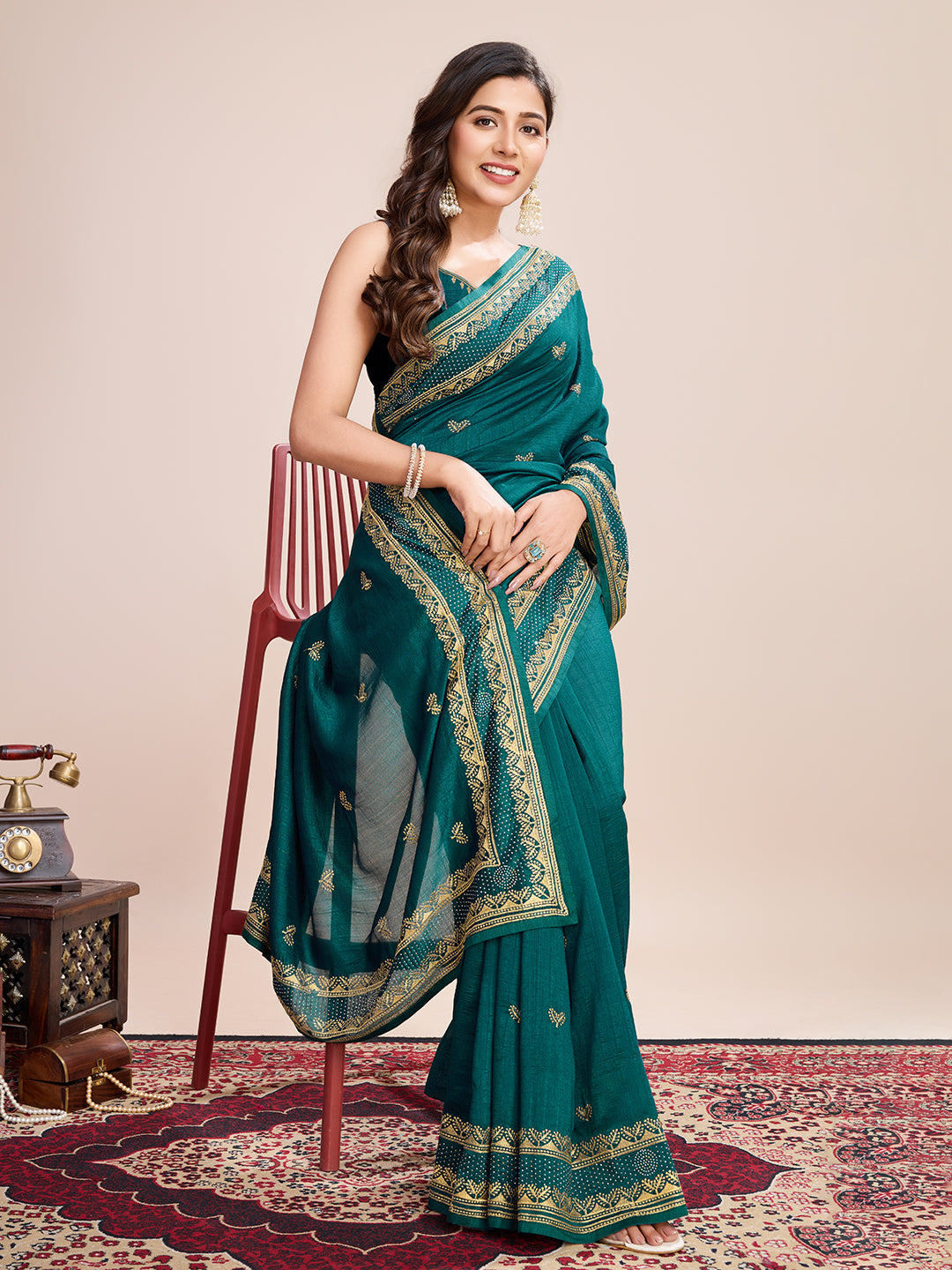 Rama Vichitra Silk Girlie Looks Designer Embroidery Work Wedding Season Saree