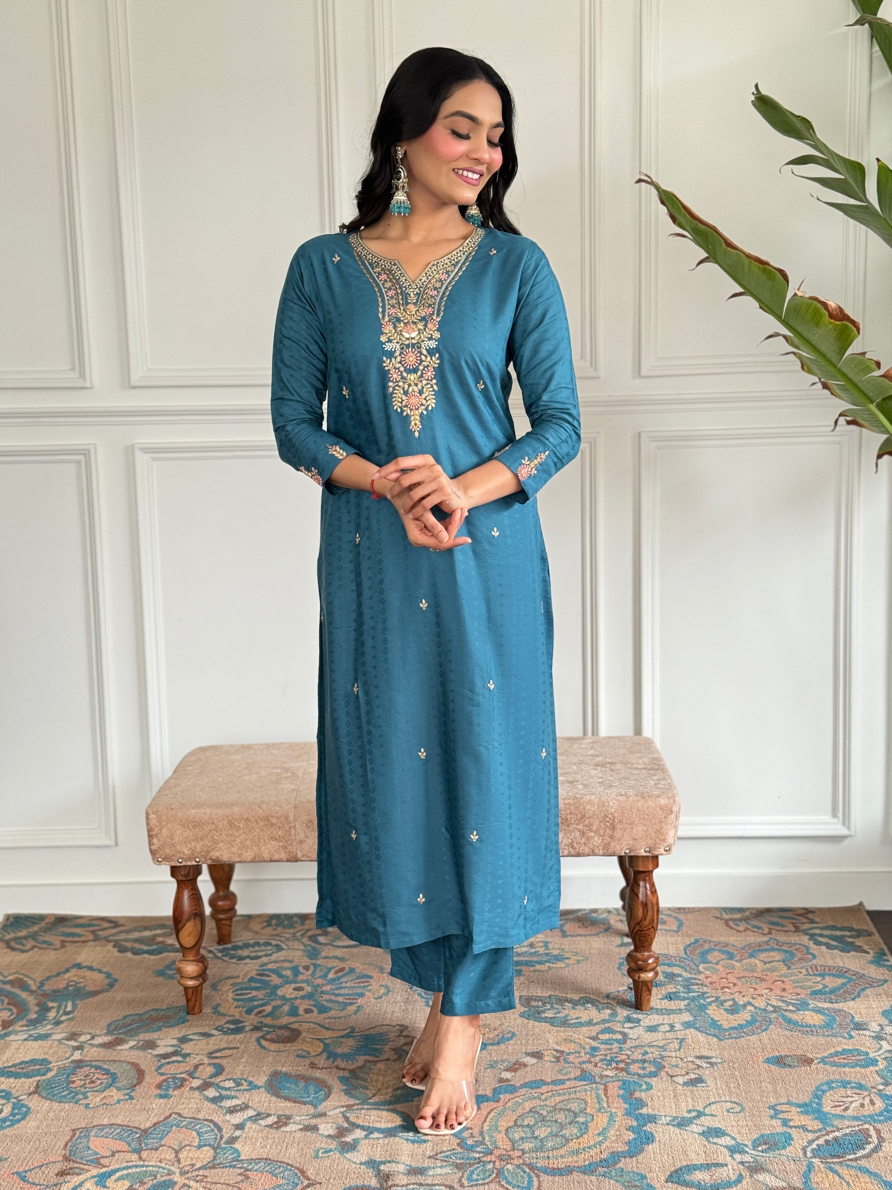Rama Viscose Blend Elegant Kurta Pant Set With Embroidery Work