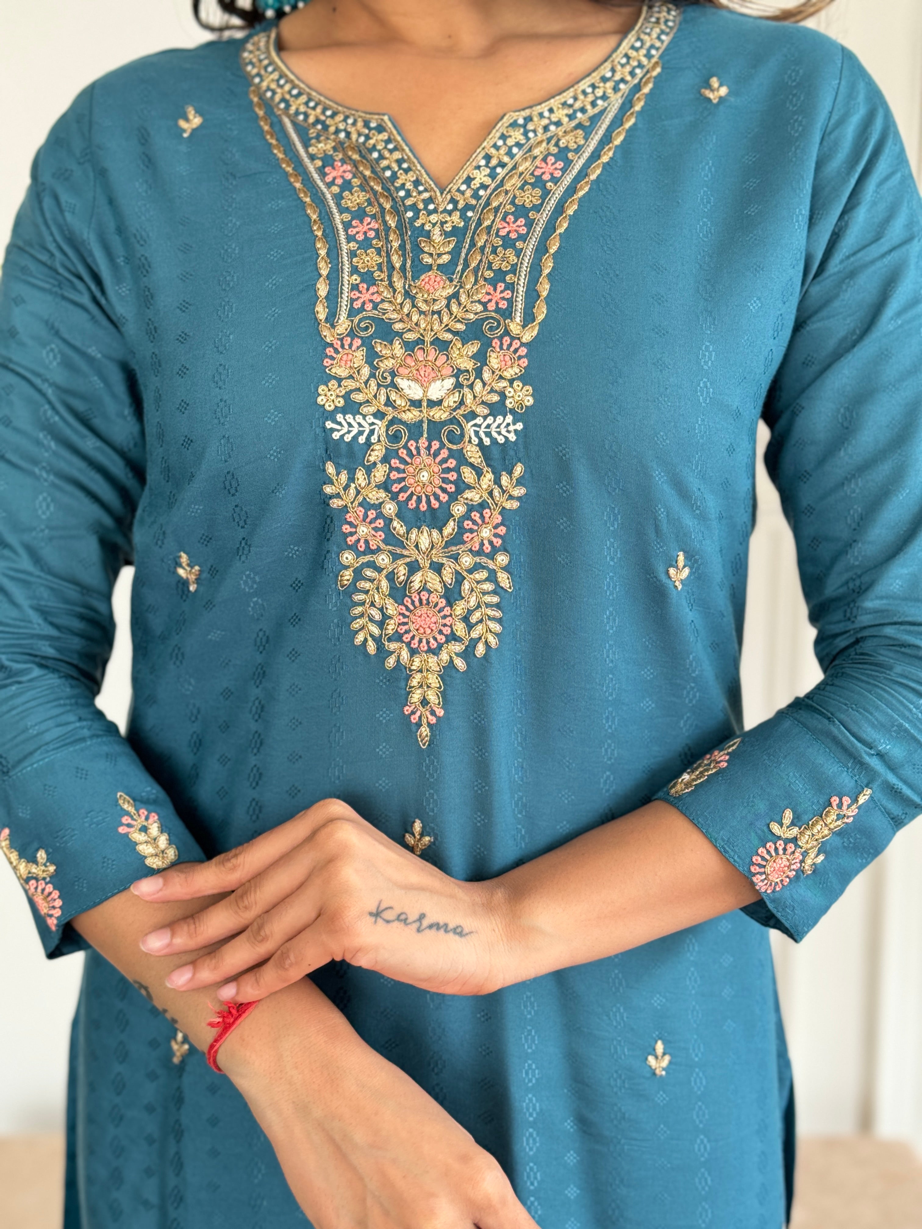 Rama Viscose Blend Elegant Kurta Pant Set With Embroidery Work