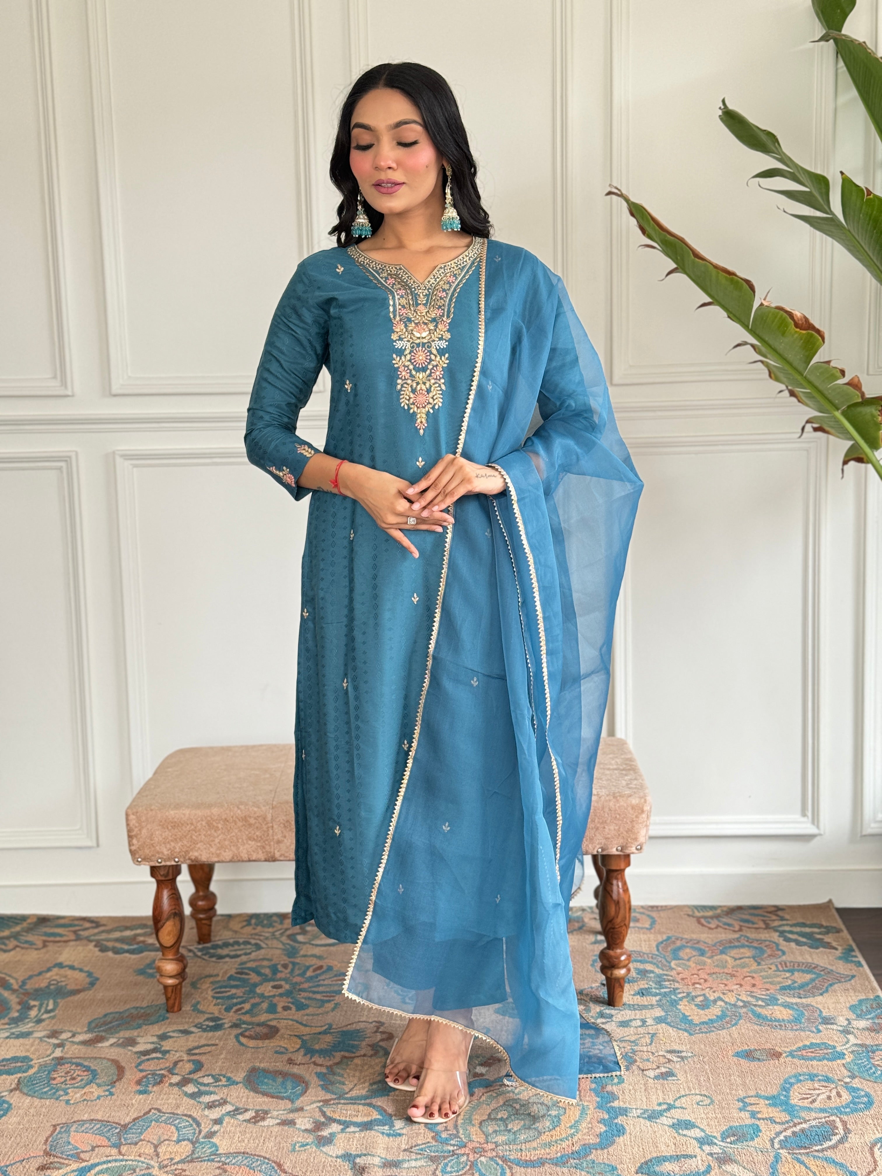 Rama Viscose Blend Elegant Kurta Pant Set With Embroidery Work