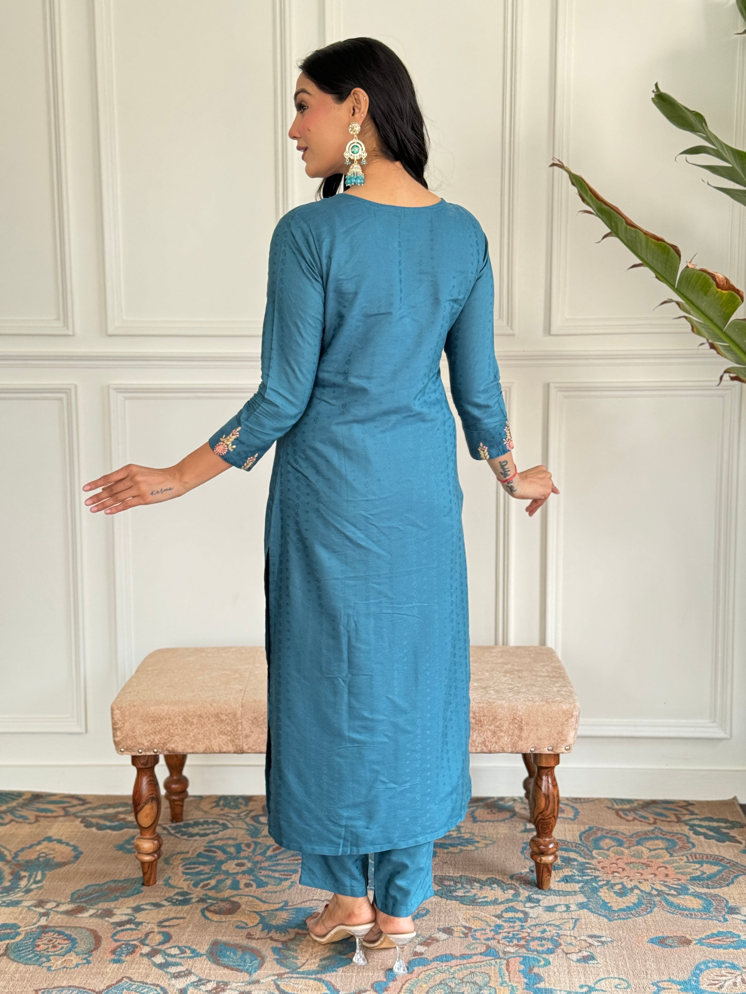 Rama Viscose Blend Elegant Kurta Pant Set With Embroidery Work