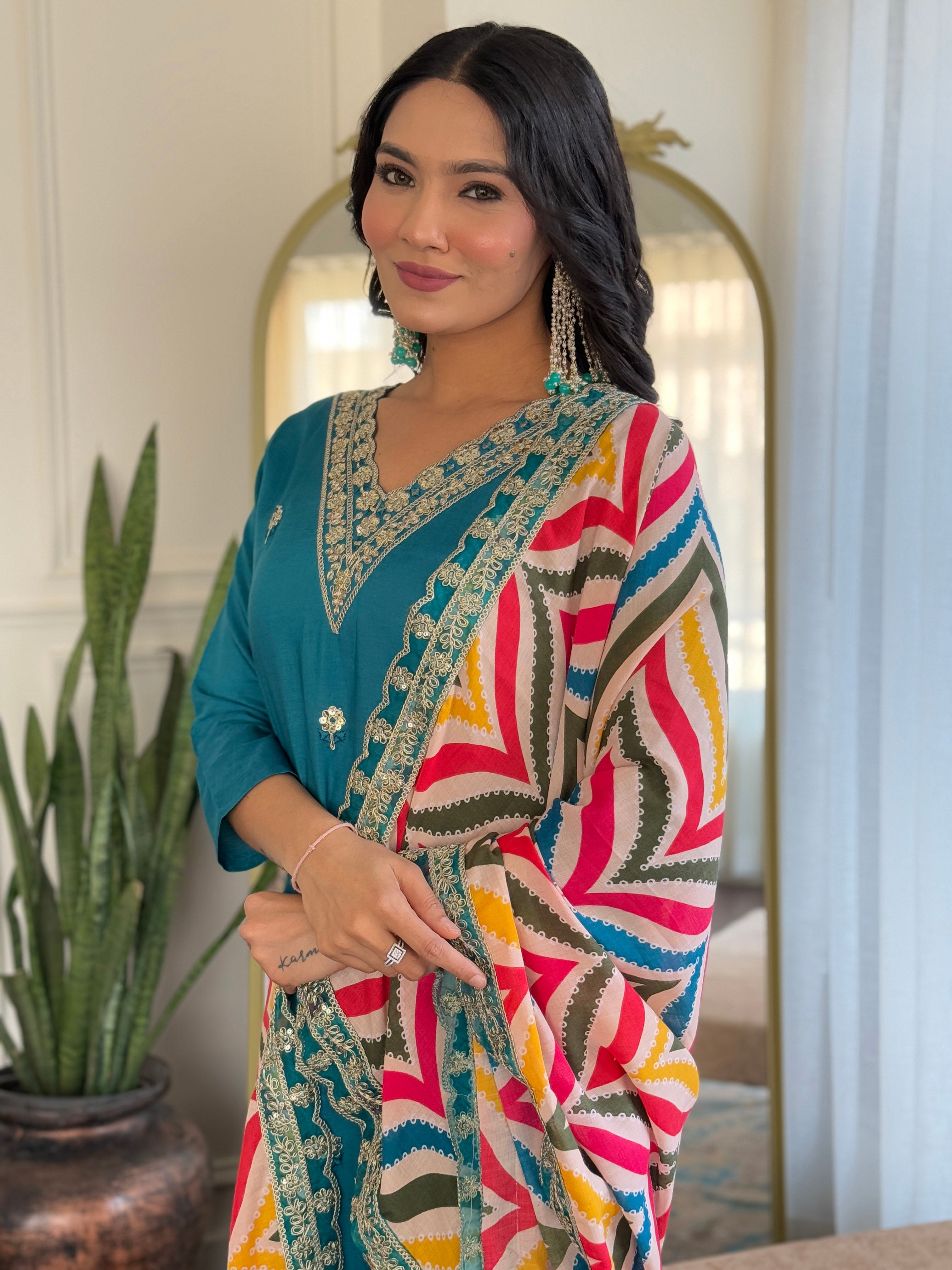 Rama Viscose Elegant Kurta Pant Set With Embroidery Work