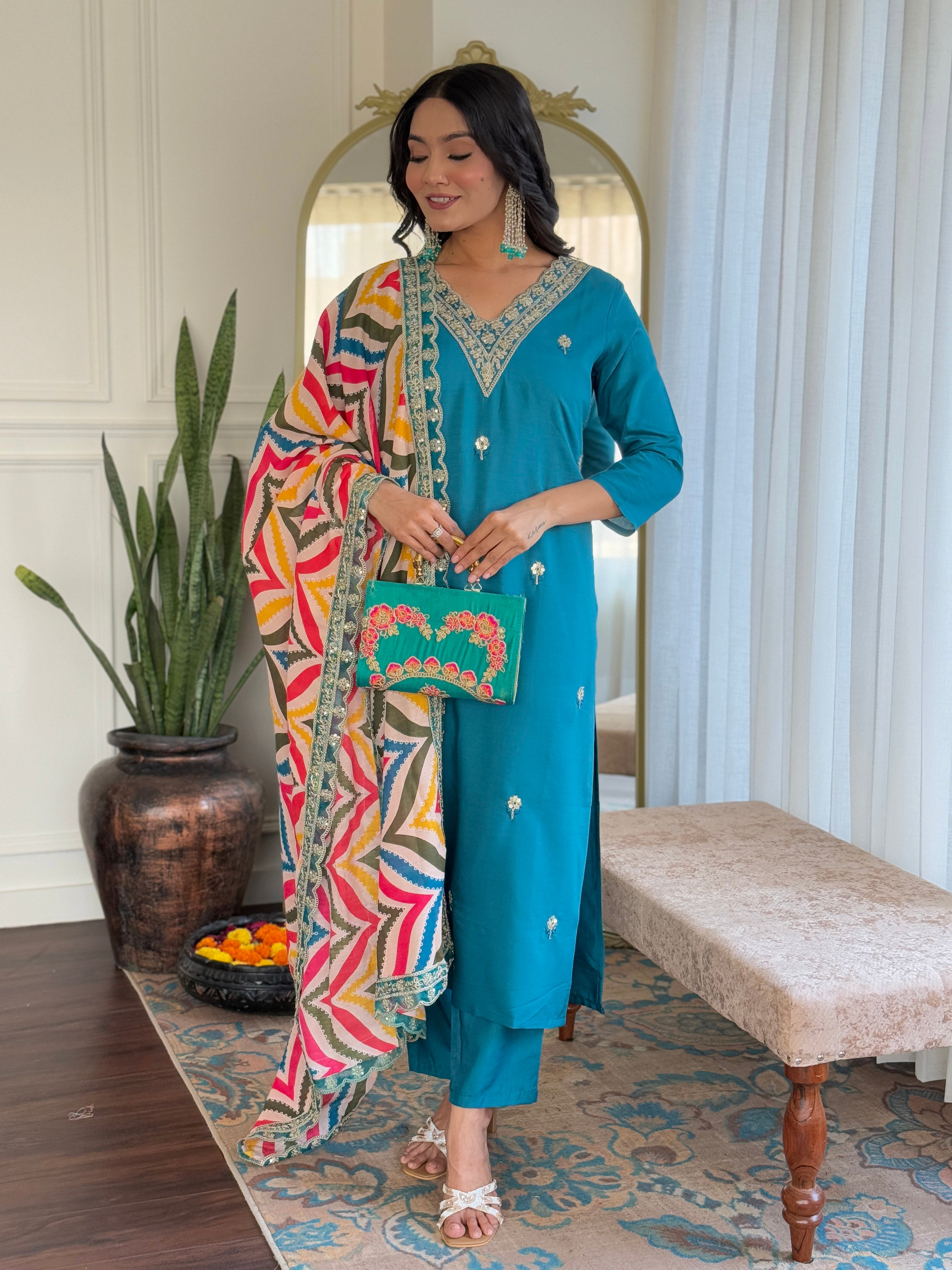 Rama Viscose Elegant Kurta Pant Set With Embroidery Work