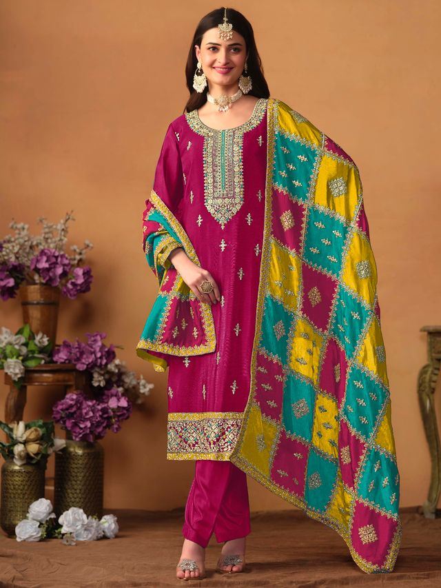 Rani-Pink Salwar Kameez With Thread Emboirdered Work