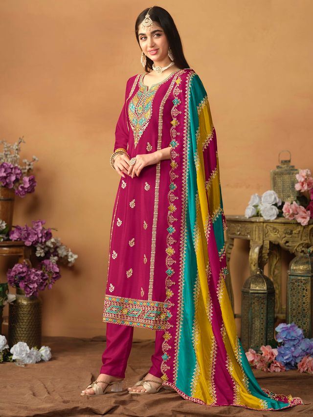 Rani-Pink Salwar Kameez With Thread Emboirdered Work