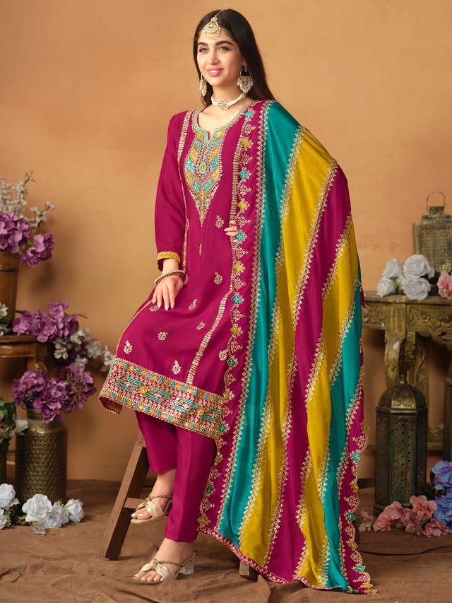 Rani-Pink Salwar Kameez With Thread Emboirdered Work
