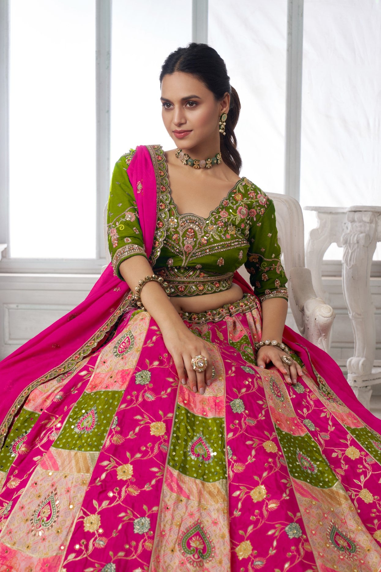 Rani Chinon Silk Mehendi Wear Designer Lehenga Choli Set