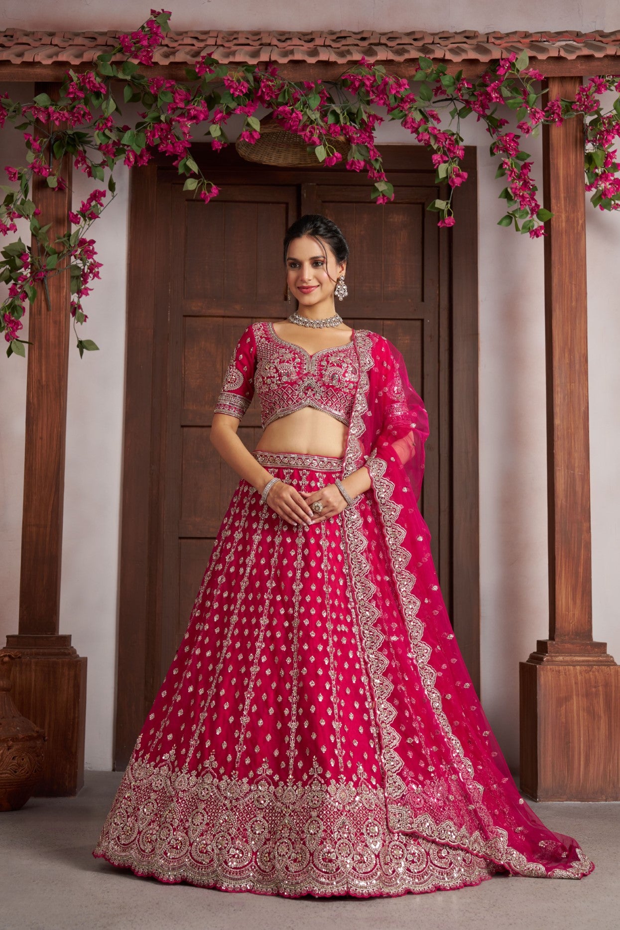 Rani Net Heavy Silver Zari Bridal Lehenga Choli with Beadwork