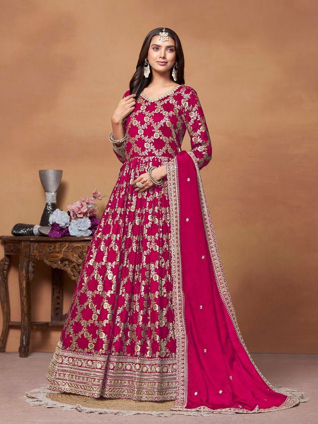 Rani Pink Anarkali Suit With Jacquard Woven With Thread Embroidery Work