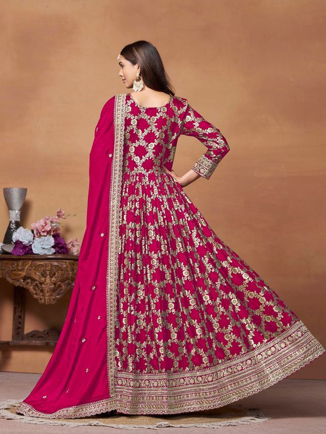 Rani Pink Anarkali Suit With Jacquard Woven With Thread Embroidery Work