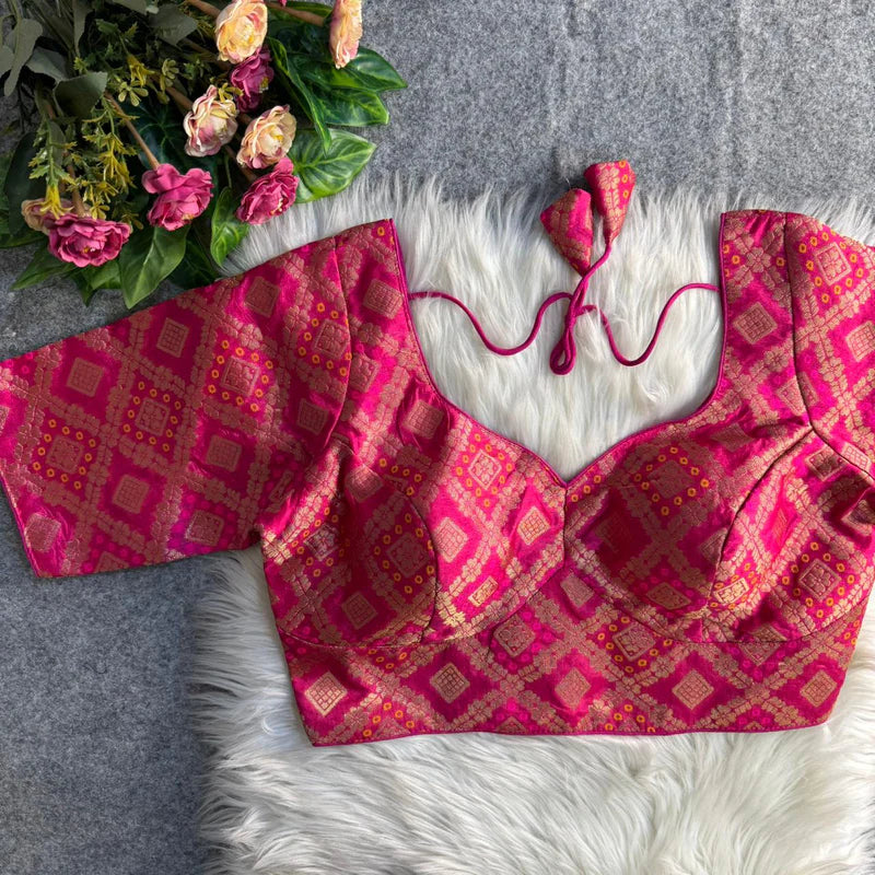 Rani Pink Banarasi Jacquard Patola Designer Blouse  Silk Partywear Readymade Blouse