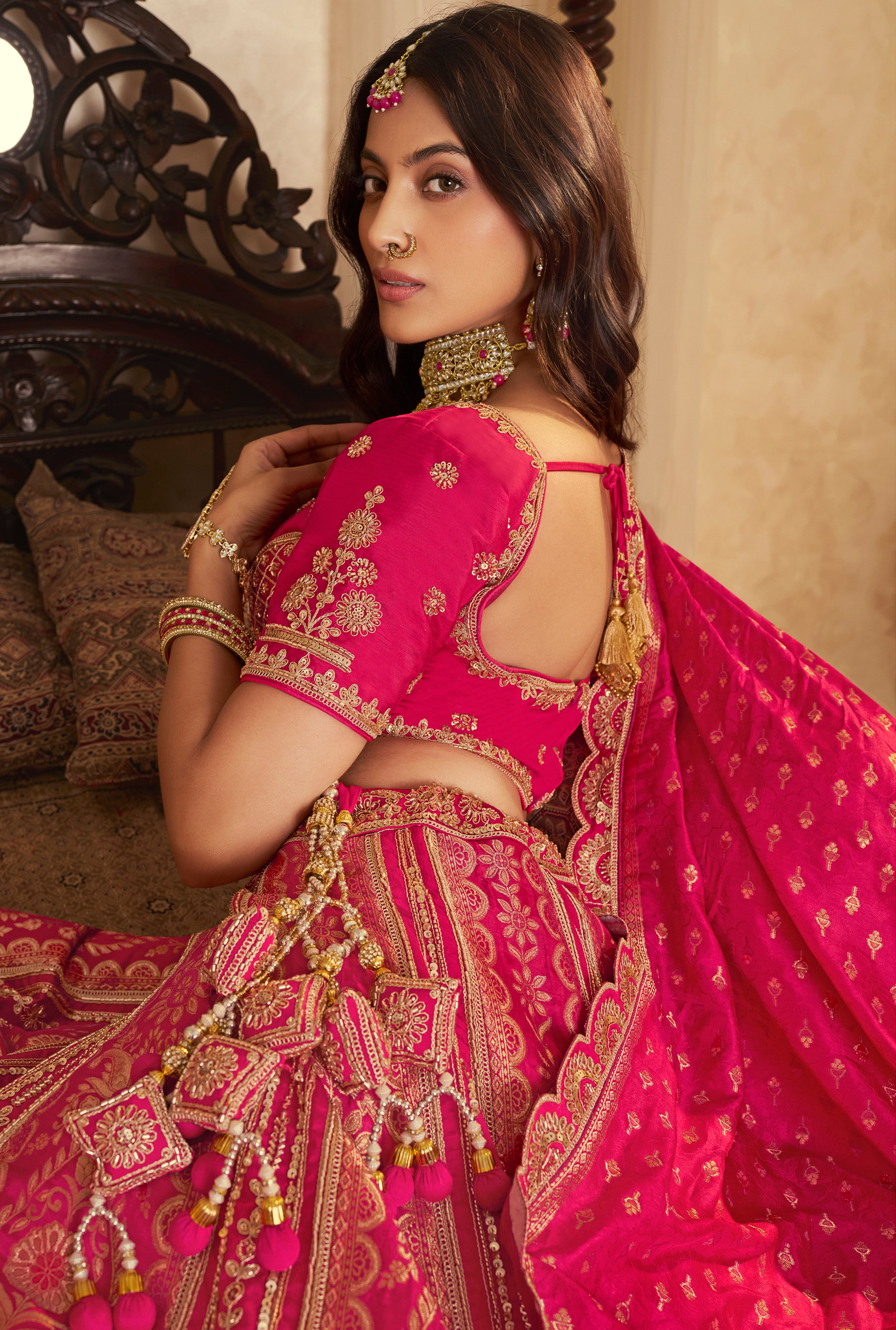 Rani Pink Banarasi Premium Silk Lehenga Choli With Heavy Thread Embroidery, Sequence, Swarovski ,Stone With Zari, Khatli Weaving Work