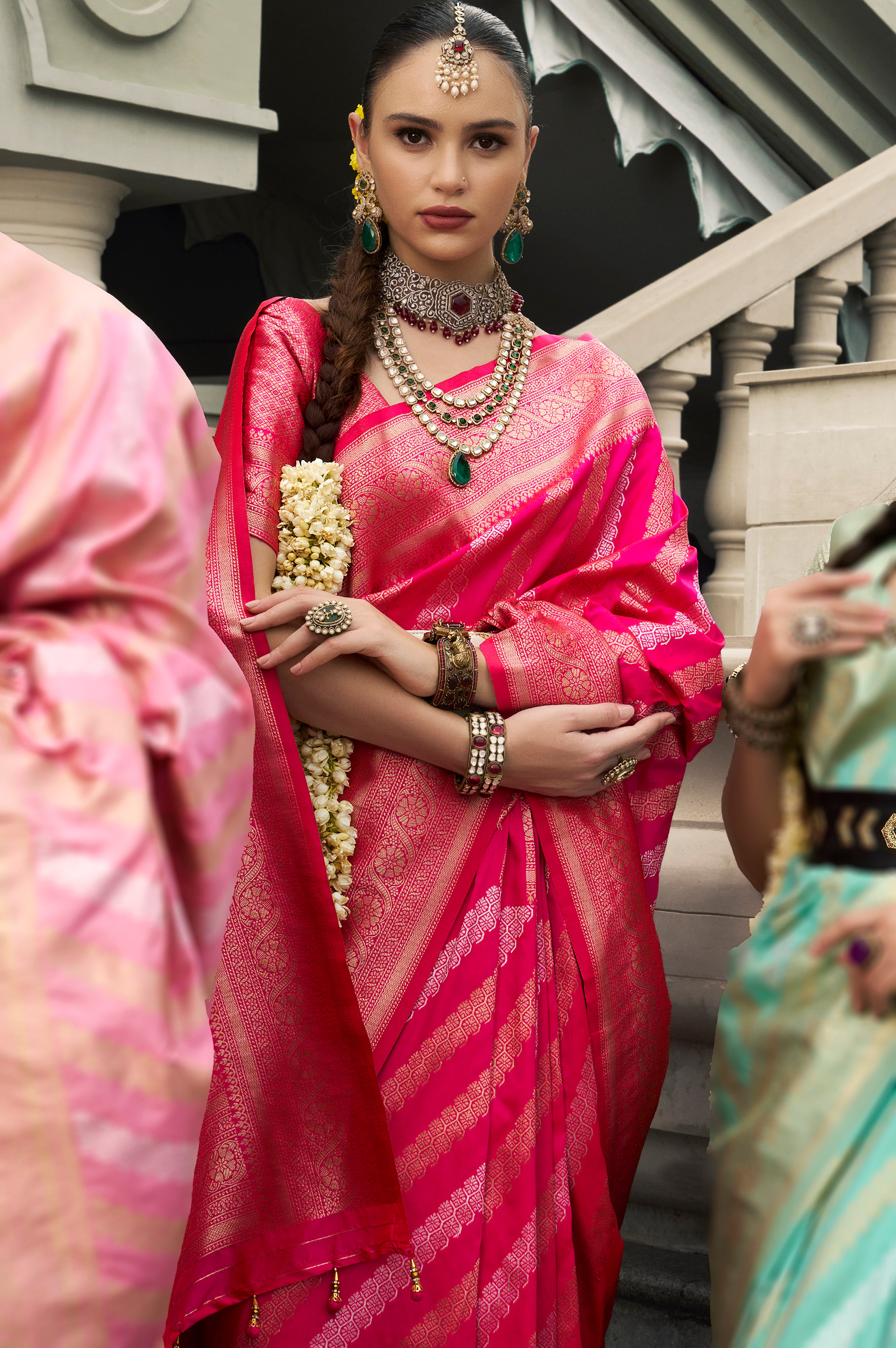 Rani Pink Banarasi Silk Saree With  Jacquard Woven Work