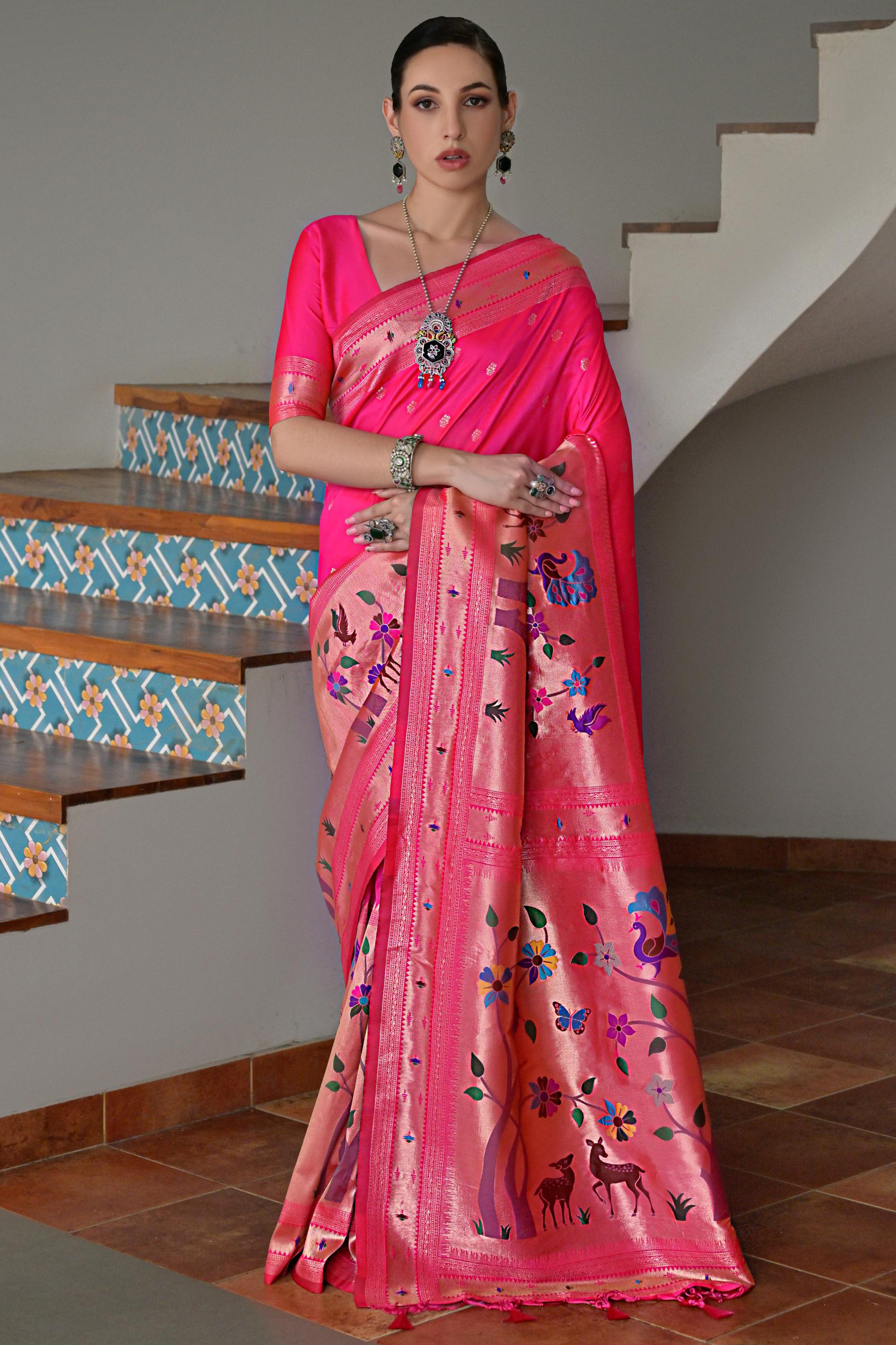 Rani Pink Banarasi Silk Saree with Premium Paithani Work