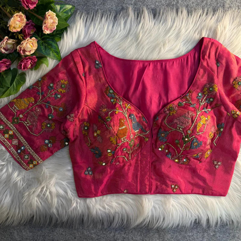 Rani Pink Bird Motif Mirror Work Blouse  Cosmos Silk Designer Partywear