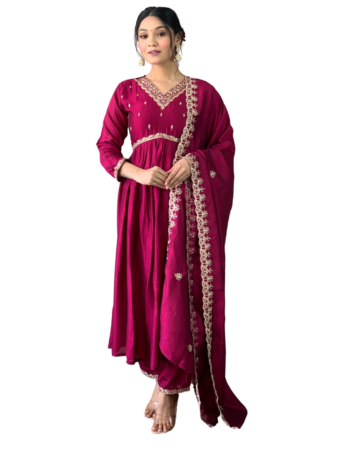 Rani Pink CP Vichitra Kurta Pant With Heavy Thread Embroidery Work With Sequins Work