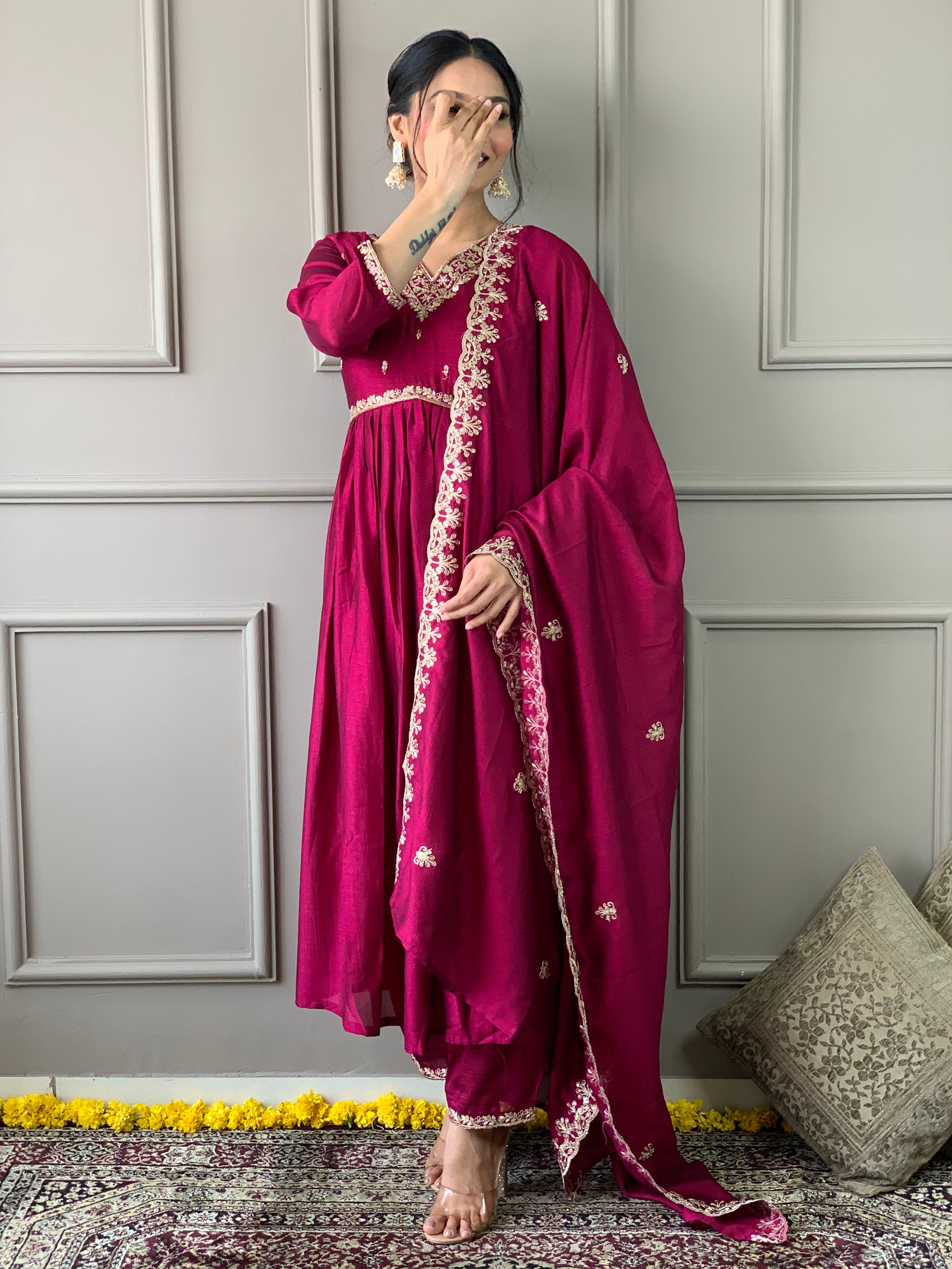 Rani Pink CP Vichitra Kurta Pant With Heavy Thread Embroidery Work With Sequins Work