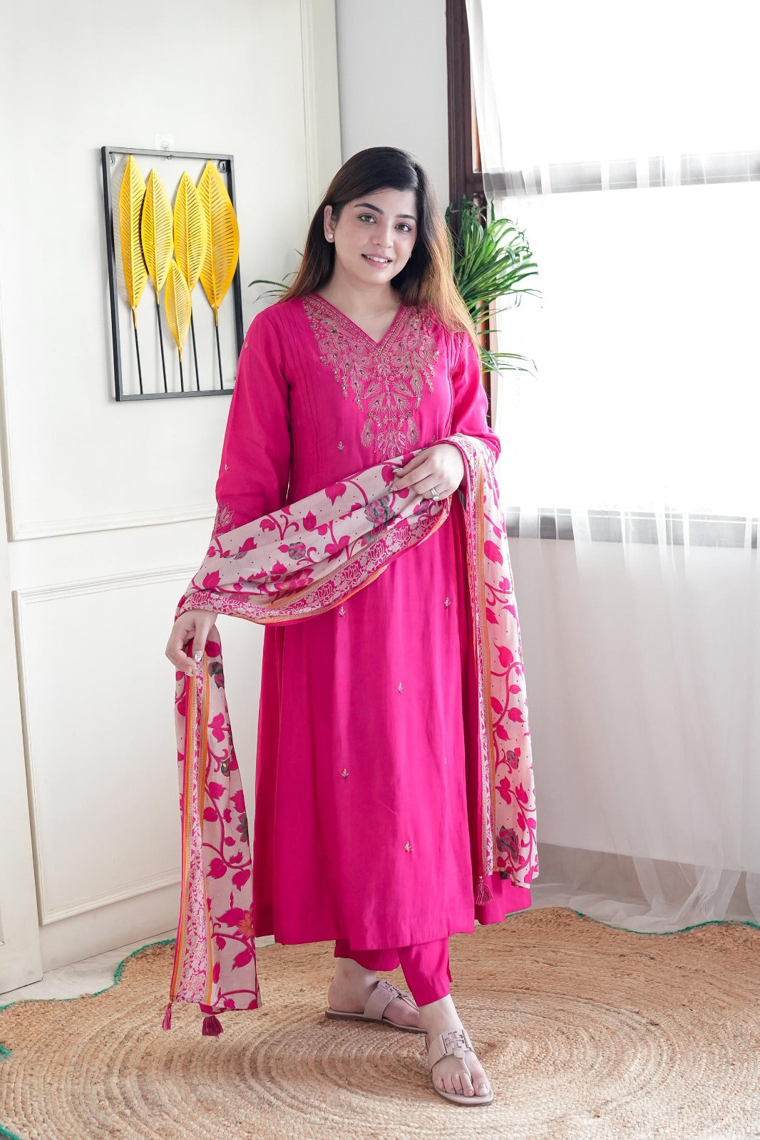 Rani Pink Chanderi Kurta Pant Set With Embroidery Work