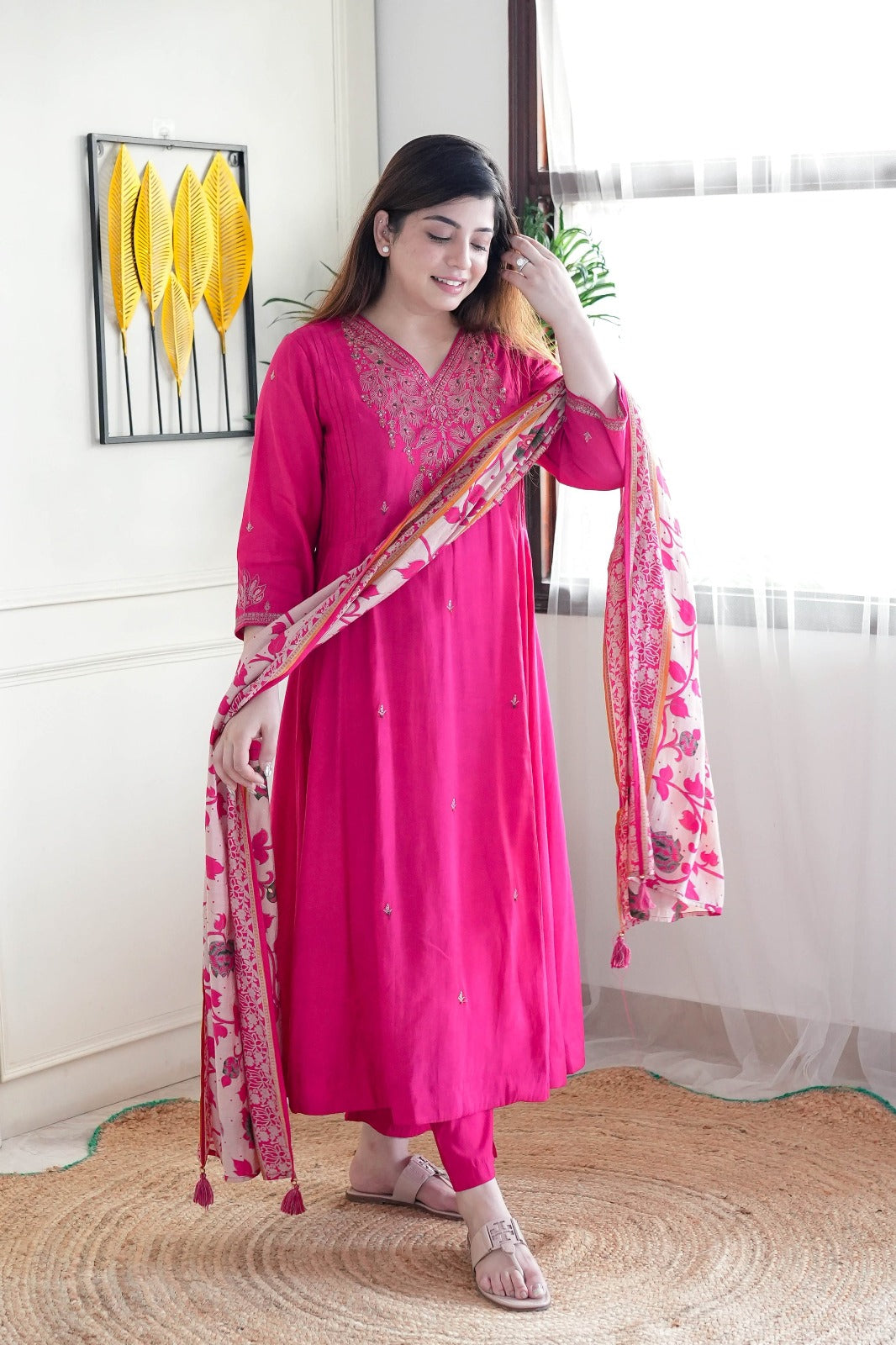 Rani Pink Chanderi Kurta Pant Set With Embroidery Work