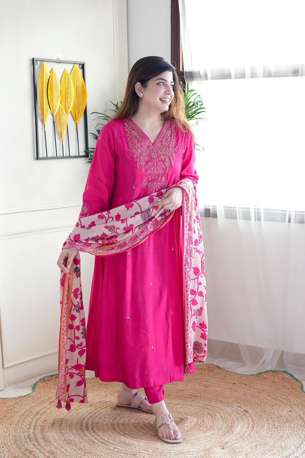 Rani Pink Chanderi Kurta Pant Set With Embroidery Work