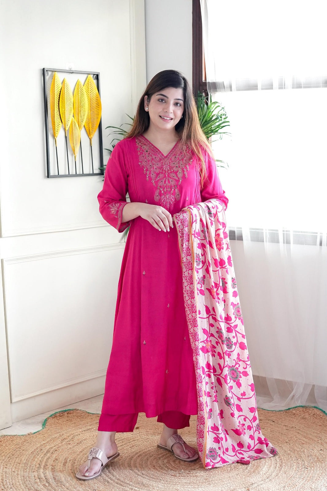 Rani Pink Chanderi Kurta Pant Set With Embroidery Work
