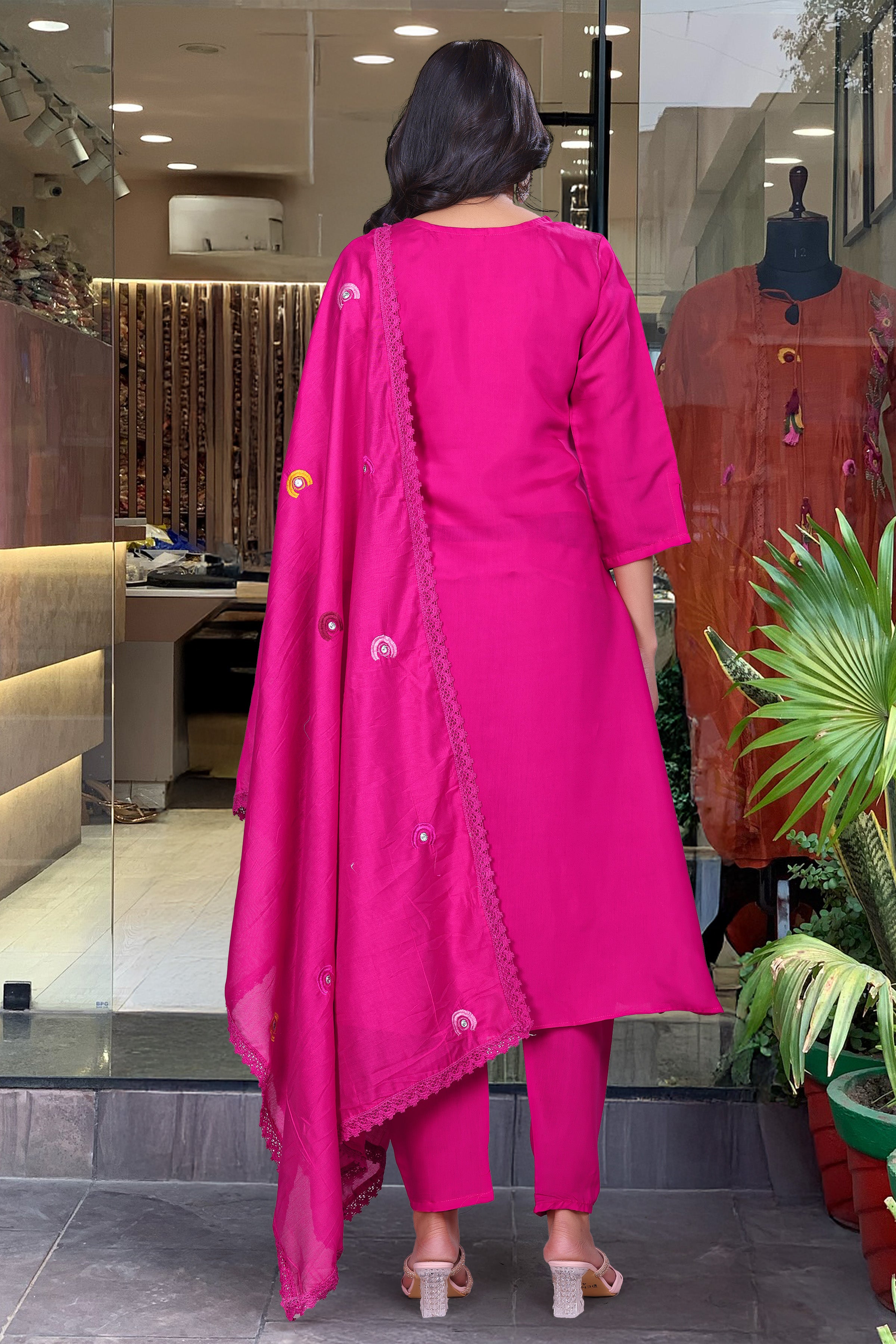 Rani Pink Chanderi Silk Kurta Pant with Heavy Thread Embroidery Work
