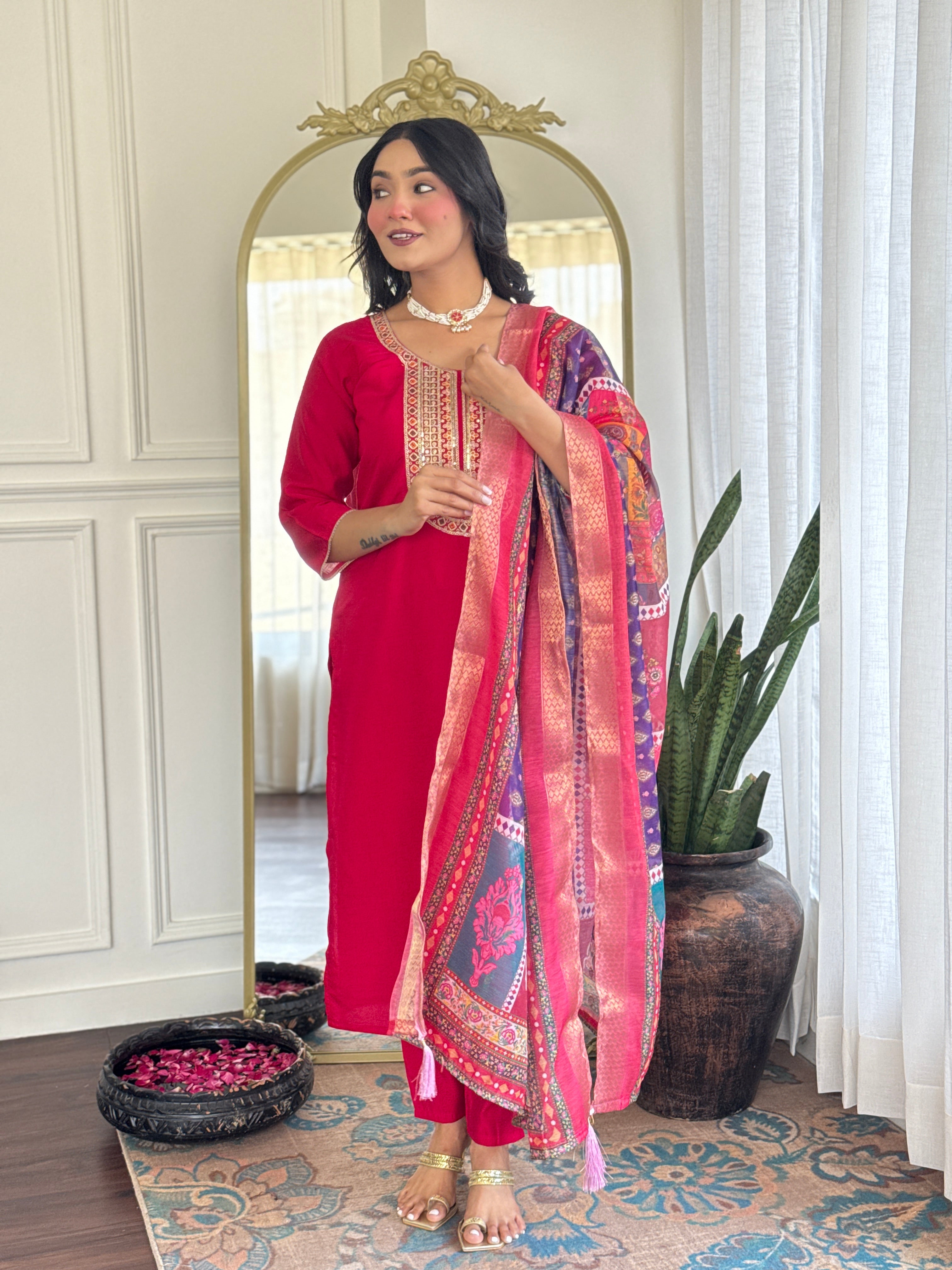 Rani Pink Chanderi Silk Kurta Pant with Heavy Thread Embroidery Work With Printed Dupatta