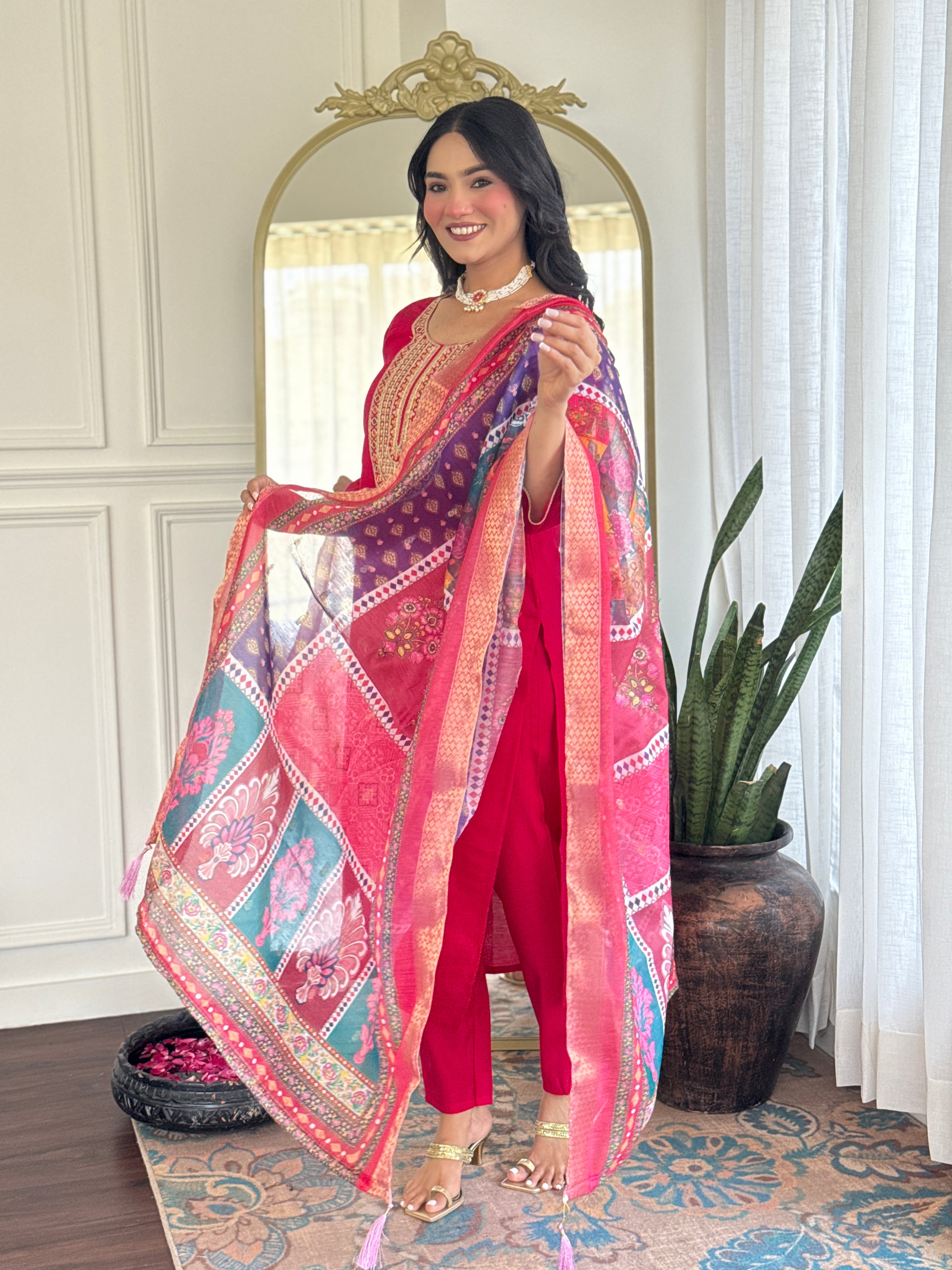 Rani Pink Chanderi Silk Kurta Pant with Heavy Thread Embroidery Work With Printed Dupatta