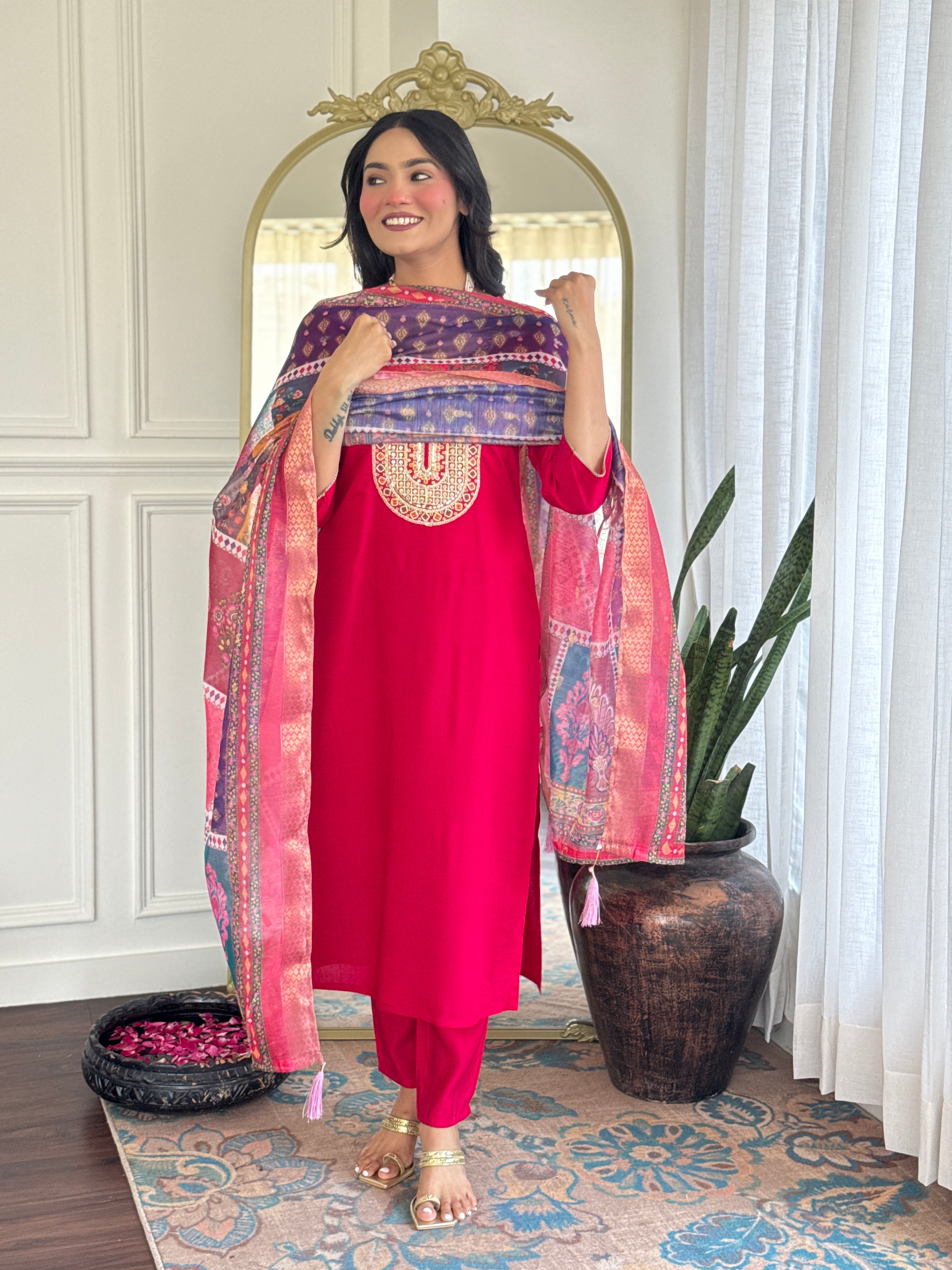 Rani Pink Chanderi Silk Kurta Pant with Heavy Thread Embroidery Work With Printed Dupatta